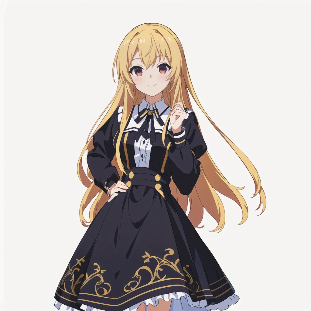 Highest quality, high resolution, High quality anime art style, Official Art, Smooth anime CG art, Stylized anime, Cute 3D anime girl render, Visual Novel Sprites, White background, whole body, Anime-style 3D, Smooth anime CG art, Humanoid Girl, JRPG Characters, Anime girl with long hair and a black dress with a white collar, smile, Golden Hair, Long Hair, Lori, Small Bust, Small breasts, 13 years old