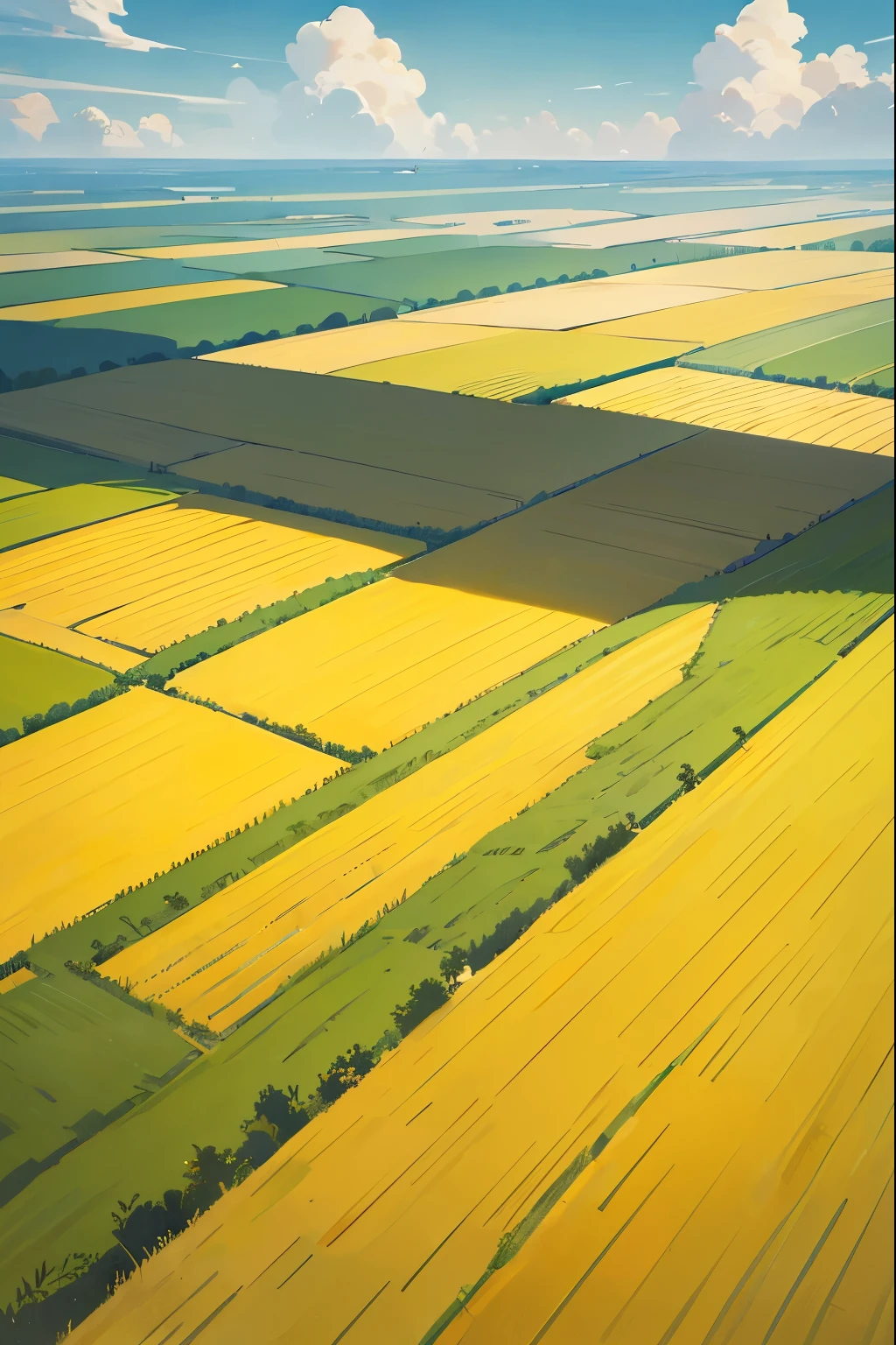 The painting shows the golden rice harvest in the fields, On a farm,White clouds,Birds fly in the sky,On a sunny day, on the vast wheat fields, On a farm, Cool autumn weather,in field high resolution, A beautiful artistic illustration, number, Anime illustration style,The shades are bright,