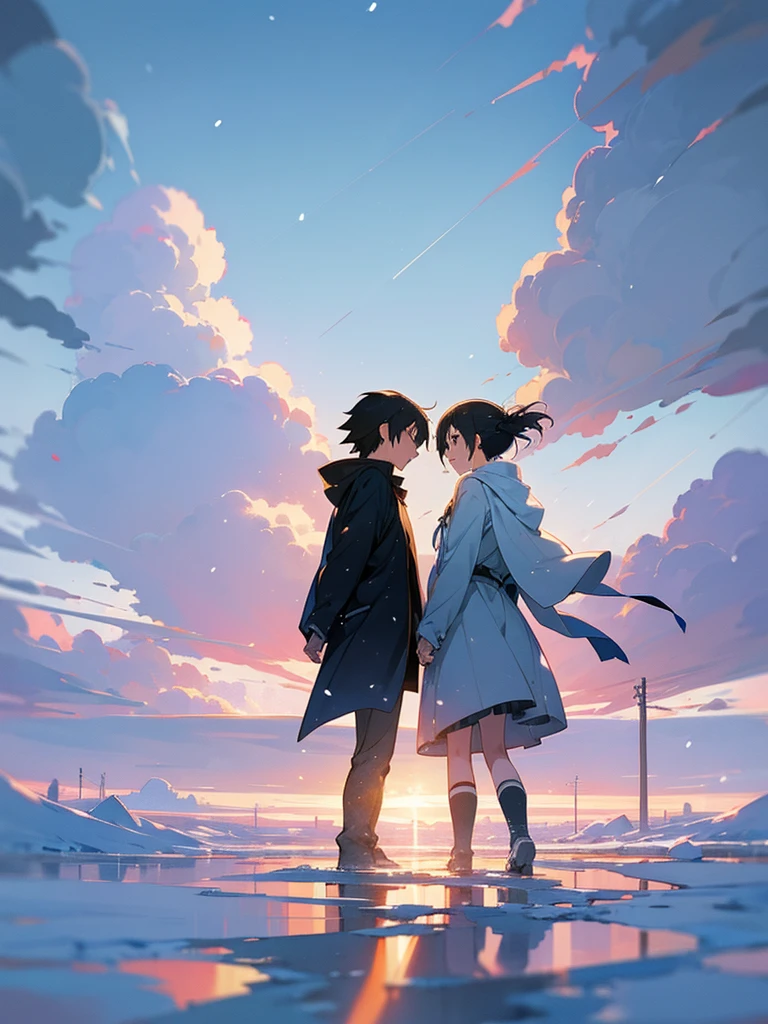 An anime scene of two people standing on a snowy field with the sky in the background, inspired by Makoto Shinkai&#39;s anime drawings, trending on pixiv, concept art, Cosmos Sky. Author: Makoto Shinkai, beautiful anime scene, Makoto Shinkai Cyril Rolando, anime art wallpaper 4k, anime art wallpaper 4k, anime sky, anime beautiful peaceful field ((((Makoto Shinkai style)), pixiv, anime drawing, High resolution, pink sky, beautiful scene), (universe, train passing, magic realism, ((makoto shinkai style)) ::0.8), [art atmosphere, atmosphere:0.8, starry sky, hills, snow mountain , sparkling water, grass, trees, smoke, stars, low angle of view, specular light scattering, detail enhancement. Character details are complete.