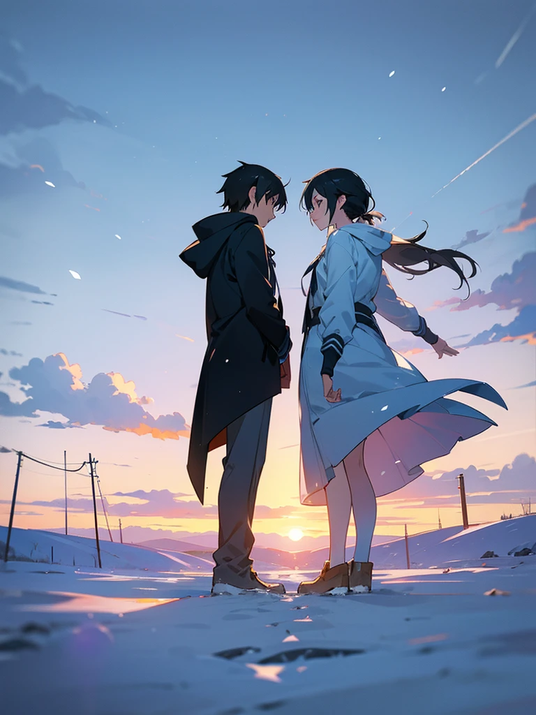 An anime scene of two people standing on a snowy field with the sky in the background, inspired by Makoto Shinkai's anime drawings, trending on pixiv, concept art, Cosmos Sky. Author: Makoto Shinkai, beautiful anime scene, Makoto Shinkai Cyril Rolando, anime art wallpaper 4k, anime art wallpaper 4k, anime sky, anime beautiful peaceful field ((((Makoto Shinkai style)), pixiv, anime drawing, High resolution, pink sky, beautiful scene), (universe, train passing, magic realism, ((makoto shinkai style)) ::0.8), [art atmosphere, atmosphere:0.8, starry sky, hills, snow mountain , sparkling water, grass, trees, smoke, stars, low angle of view, specular light scattering, detail enhancement. Character details are complete.