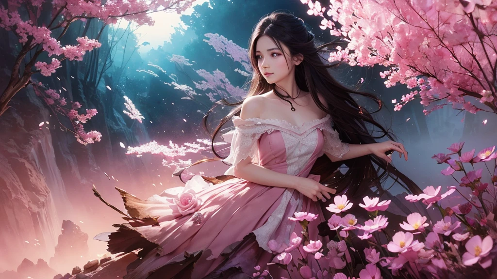 32k, Masterpiece, Highest quality, One girl, Detailed eyes, flower,Sandersonia, Pink and brown style,A dreamy, romantic piece,Pale pink, Mysterious Leaves,A playful arrangement,Fantasy,High Contrast,Ink strokes,explosion,Exposure, Impression of pink and brown tones,Abstract,((Watercolours by John Berkey and Jeremy Mann )) Brush strokes,Negative Space, Tyndall effect,
