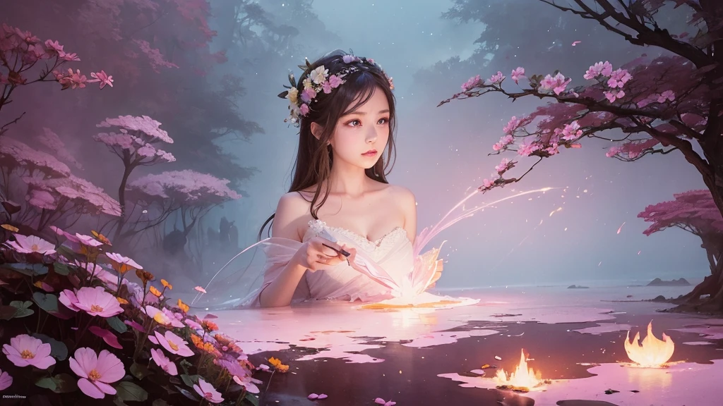 32k, Masterpiece, Highest quality, One girl, Detailed eyes, flower,Sandersonia, Pink and brown style,A dreamy, romantic piece,Pale pink, Mysterious Leaves,A playful arrangement,Fantasy,High Contrast,Ink strokes,explosion,Exposure, Impression of pink and brown tones,Abstract,((Watercolours by John Berkey and Jeremy Mann )) Brush strokes,Negative Space, Tyndall effect,