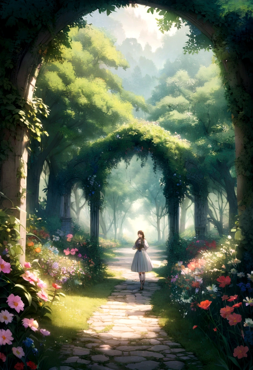 RAW Photos, Highest, masterpiece, Highest quality, high quality, Very detailed, There is a painting of a path through a flowered forest., A flowering road leading to the sky, Magical Garden Pictures, A hazy, dreamy look , a beautiful pathway in a forest, Leafy Tree々and flowers, Secret Garden, Background of the depth of the written world, Flower Environment, Garden Background, The simple way, the romantic way, Lush Arch, The road to the lush forest, Forest Background Fancy,