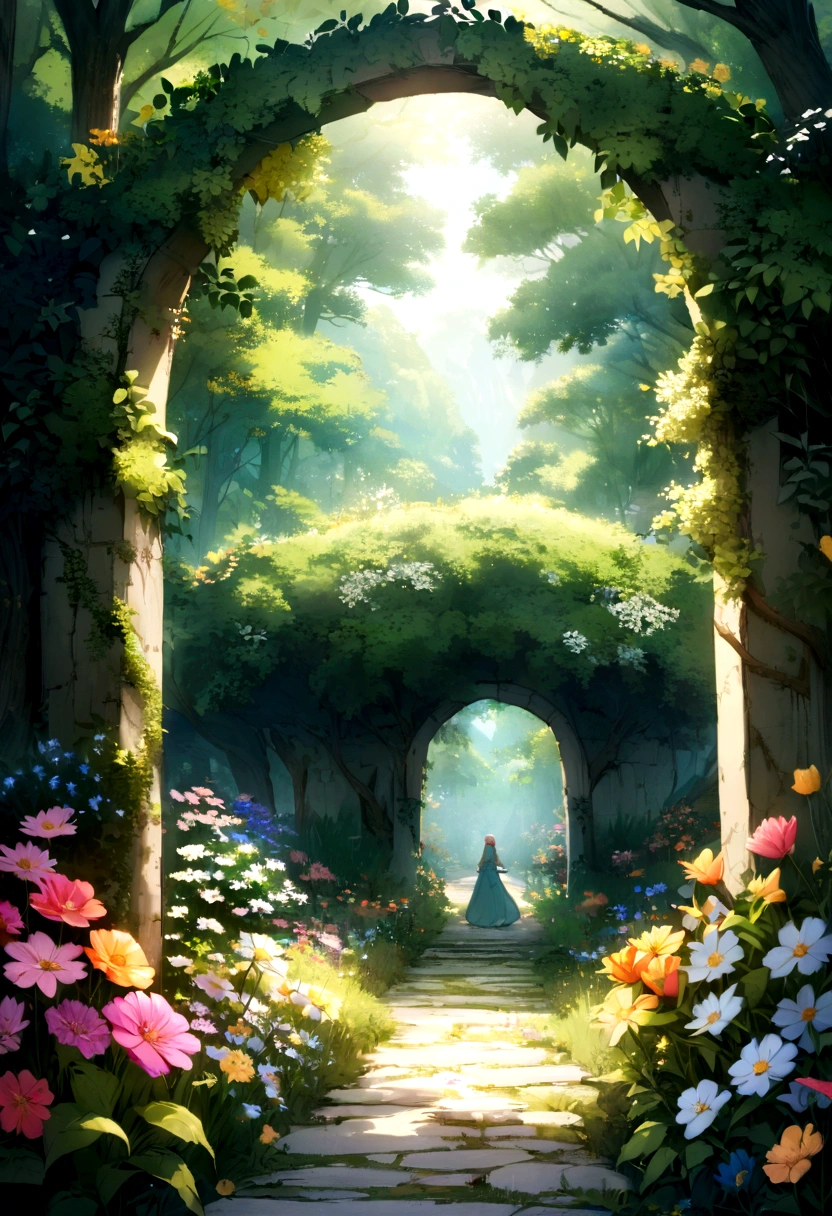 RAW Photos, Highest, masterpiece, Highest quality, high quality, Very detailed, There is a painting of a path through a flowered forest., A flowering road leading to the sky, Magical Garden Pictures, A hazy, dreamy look , a beautiful pathway in a forest, Leafy Tree々and flowers, Secret Garden, Background of the depth of the written world, Flower Environment, Garden Background, The simple way, the romantic way, Lush Arch, The road to the lush forest, Forest Background Fancy,