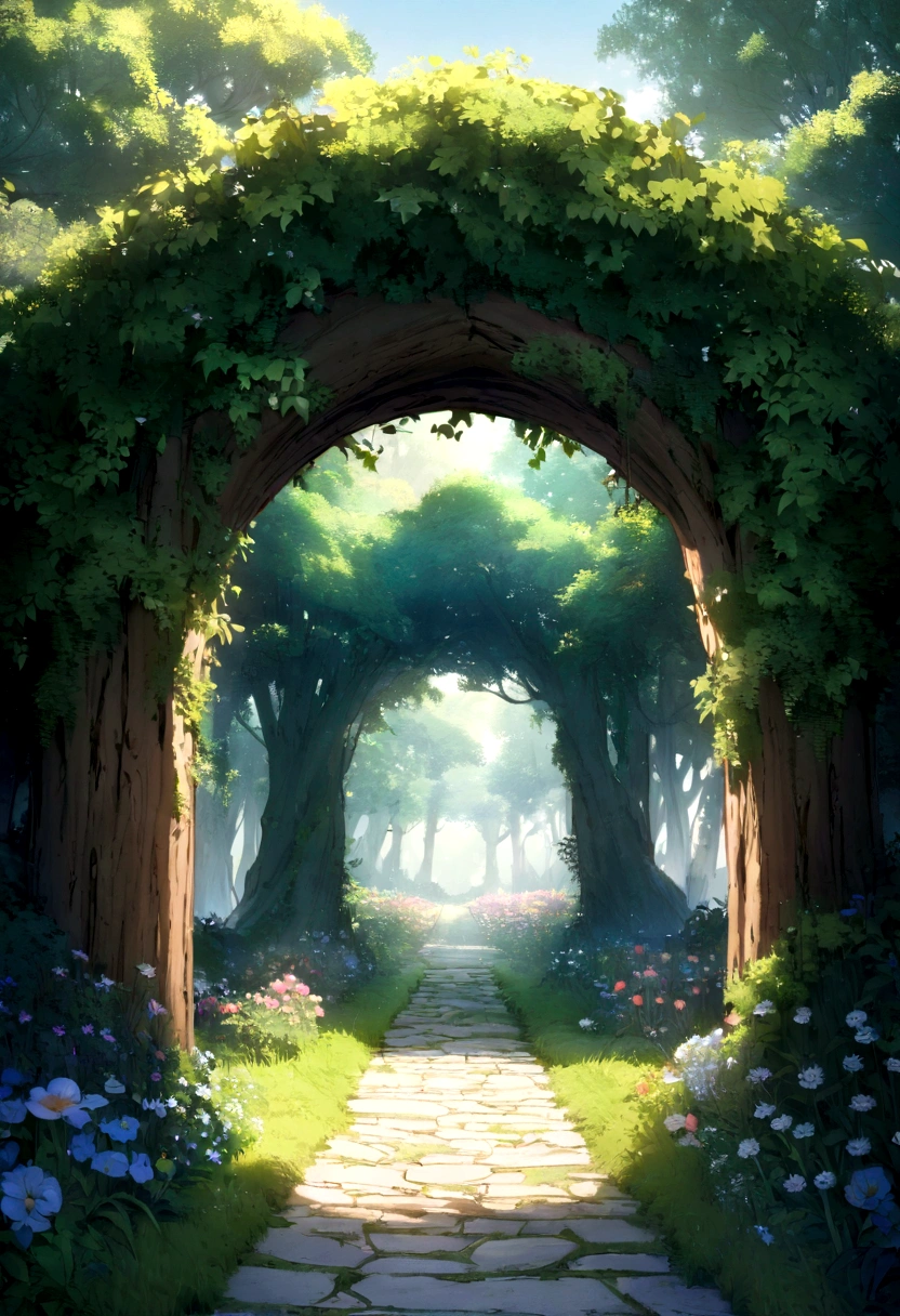 RAW Photos, Highest, masterpiece, Highest quality, high quality, Very detailed, There is a painting of a path through a flowered forest., A flowering road leading to the sky, Magical Garden Pictures, A hazy, dreamy look , a beautiful pathway in a forest, Leafy Tree々and flowers, Secret Garden, Background of the depth of the written world, Flower Environment, Garden Background, The simple way, the romantic way, Lush Arch, The road to the lush forest, Forest Background Fancy,