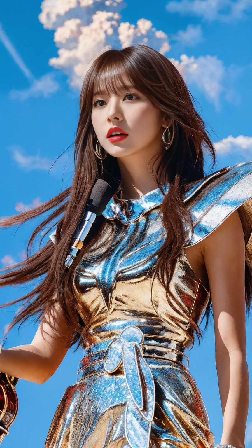 A masterpiece of photorealism, Highly detailed, photorealistic 8K photos, Highest Hyper-Realistic Quality, Volumetric Lighting and Shadows, Young woman with pegasus saint_armor, Shag Dark Red, Rock Concert Stage, Aerial shot of dramatic cloud formations