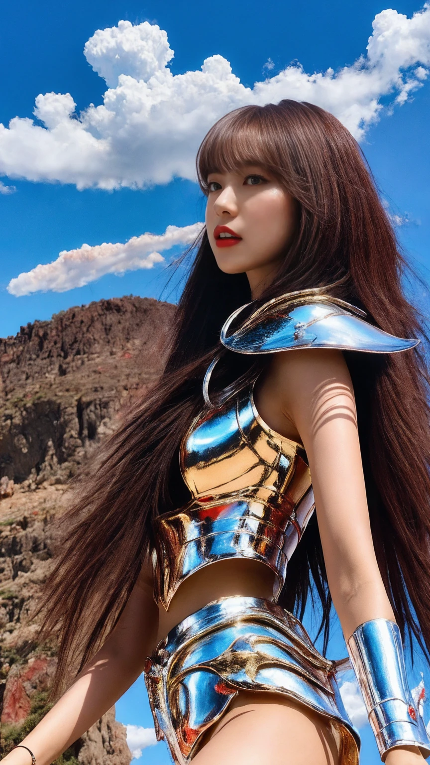 A masterpiece of photorealism, Highly detailed, photorealistic 8K photos, Highest Hyper-Realistic Quality, Volumetric Lighting and Shadows, Young woman with pegasus saint_armor, Shag Dark Red, Rock Concert Stage, Aerial shot of dramatic cloud formations