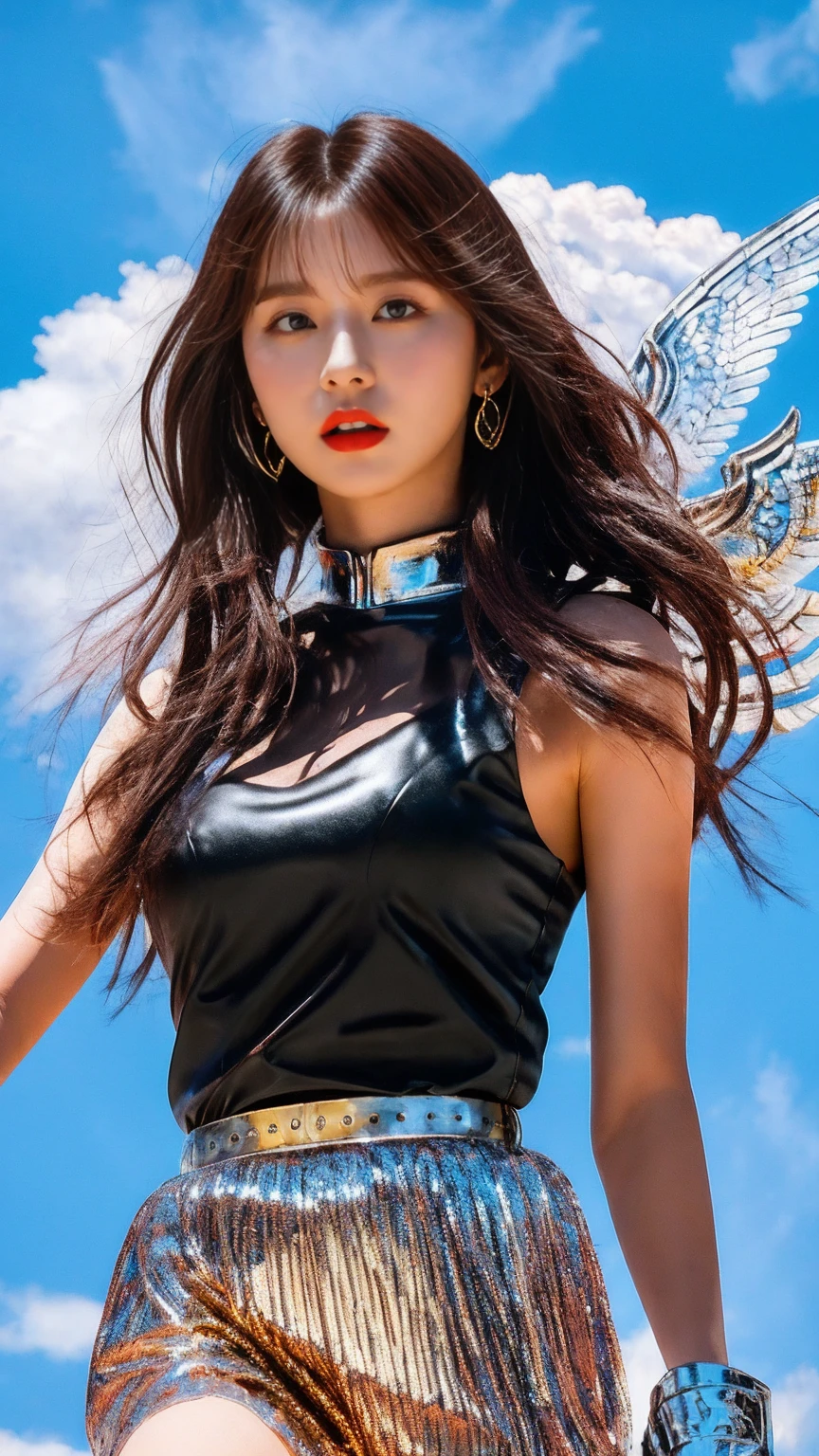 A masterpiece of photorealism, Highly detailed, photorealistic 8K photos, Highest Hyper-Realistic Quality, Volumetric Lighting and Shadows, Young woman with pegasus saint_armor, Shag Dark Red, Rock Concert Stage, Aerial shot of dramatic cloud formations