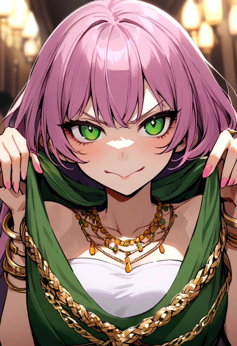 Girl with short purple-pink hair, dark green eyes, purple strapless dress, white t-shirt inside, wearing many gold bracelets, green handbag, sly face