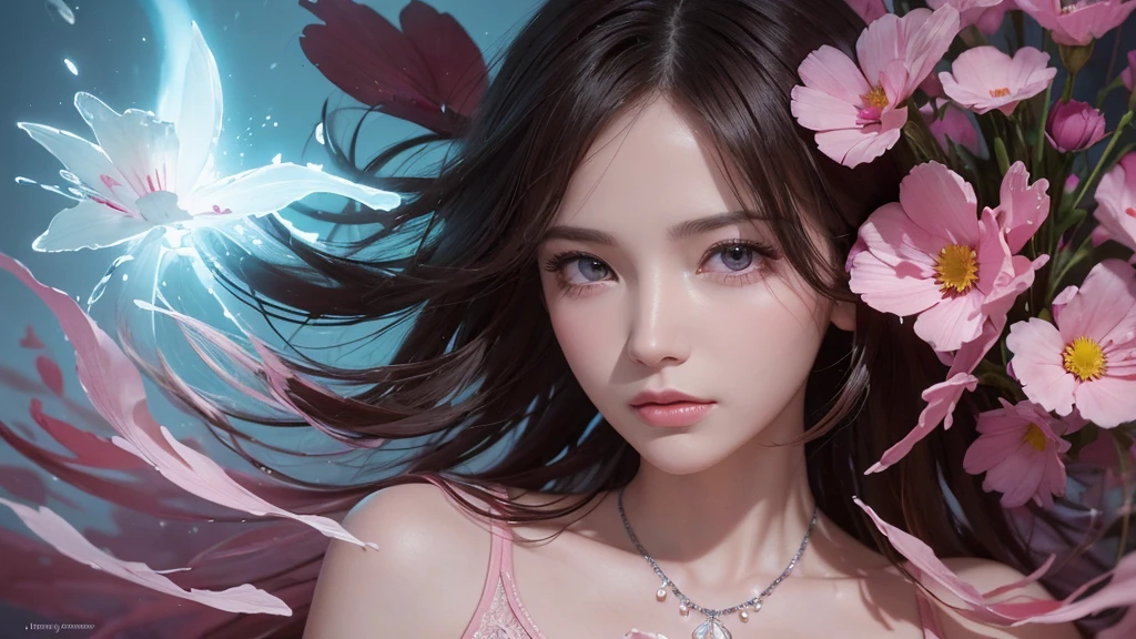 32k, Masterpiece, Highest quality, One girl, Detailed eyes, flower,Sandersonia, Pink and brown style,A dreamy, romantic piece,Pale pink, Mysterious Leaves,A playful arrangement,Fantasy,High Contrast,Ink strokes,explosion,Exposure, Impression of pink and brown tones,Abstract,((Watercolours by John Berkey and Jeremy Mann )) Brush strokes,Negative Space, Tyndall effect,