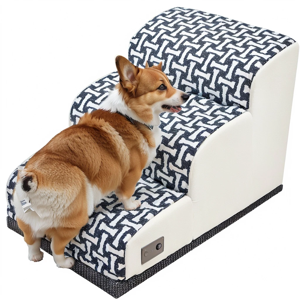  一只Corgi在Pet stairs上，Corgi，Pet stairs，High-end，Natural light and shadow，Product image on a white background，Official product images, Designed for comfort and aesthetics!, product photo, , product photo,top and side view