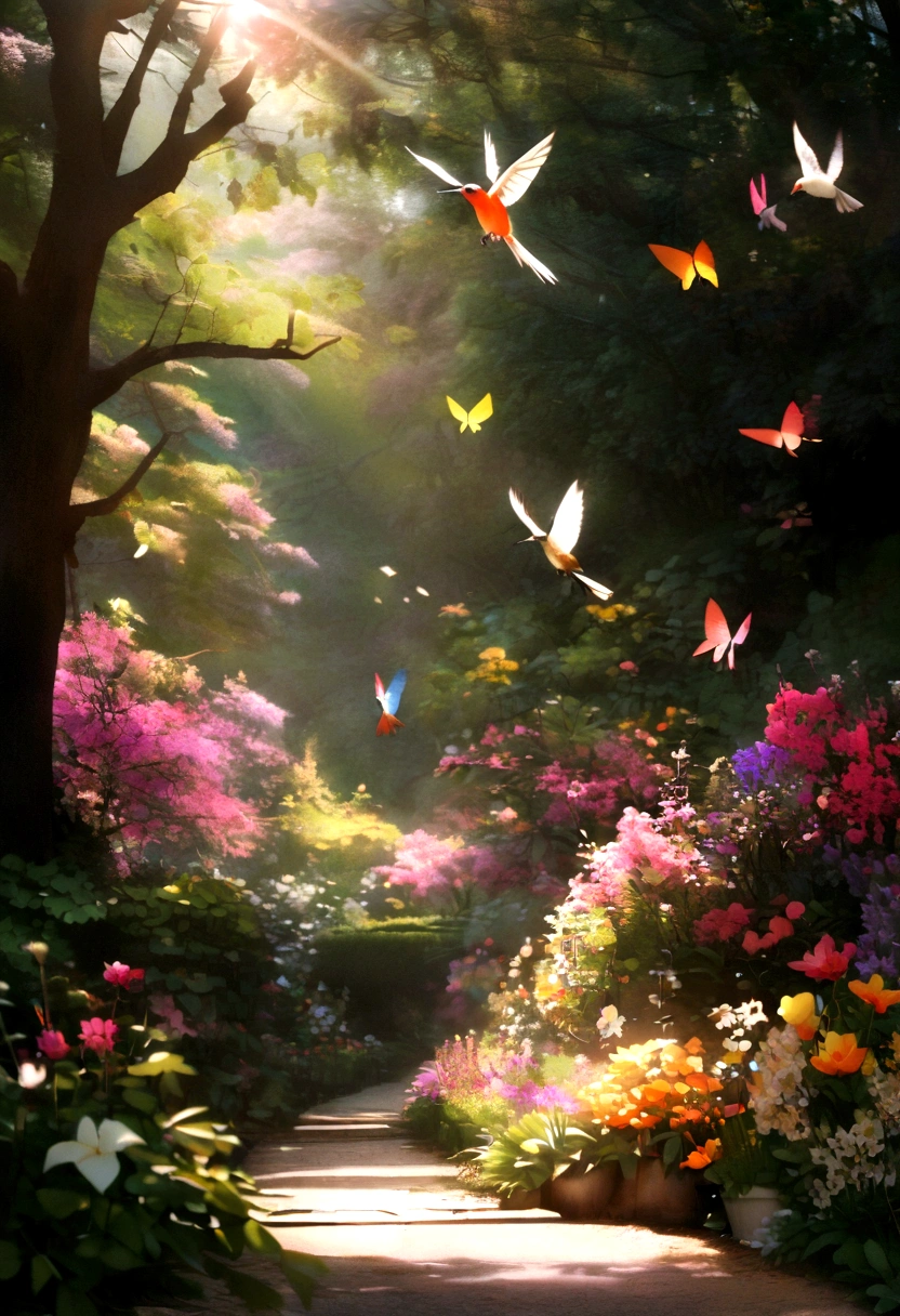 Create photo background for me with enchanting garden theme eco elements flowers, The butterfly tree and everything is very colorful and beautiful、Great for birds and hummingbirds squirrels