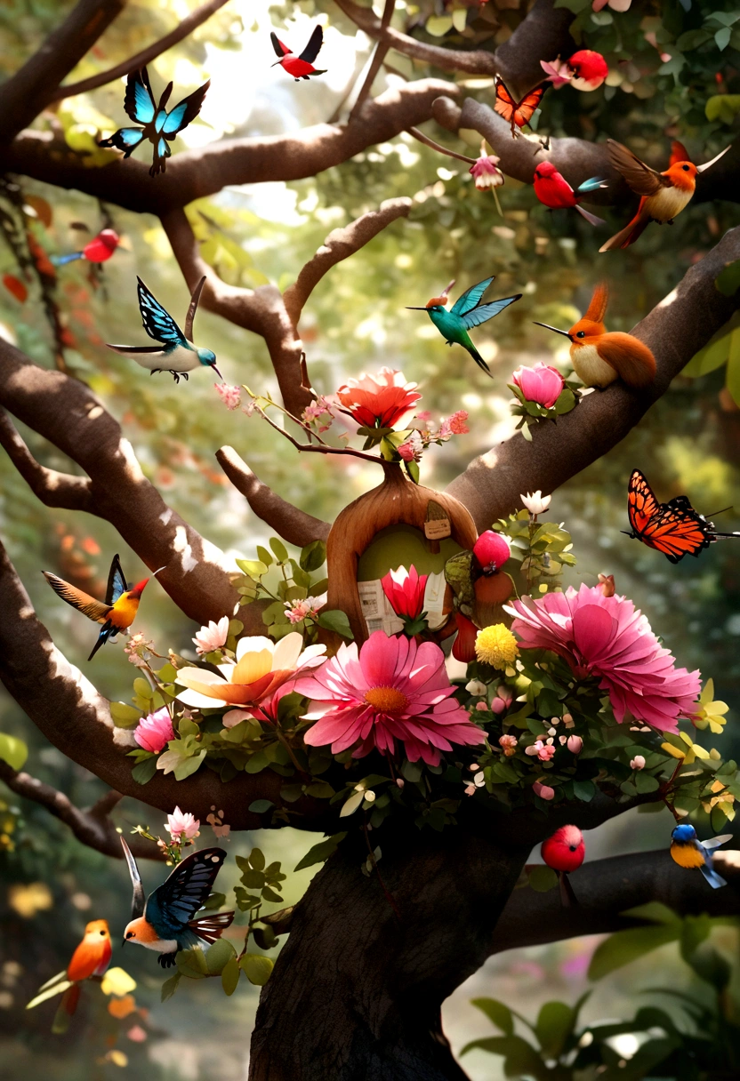 Create photo background for me with enchanting garden theme eco elements flowers, The butterfly tree and everything is very colorful and beautiful、Great for birds and hummingbirds squirrels