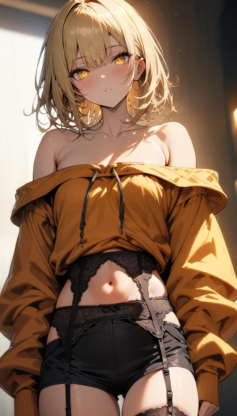 a handsome girl, solo, blond, yellow eyes, bright eyes, bangs,
navel, 
BREAK (off-shoulder hoodie, black shorts, black garter belt:1.5), expressionless,
blurry background, perfect lighting,
masterpiece, best quality, extremely detailed face, extremely detailed,