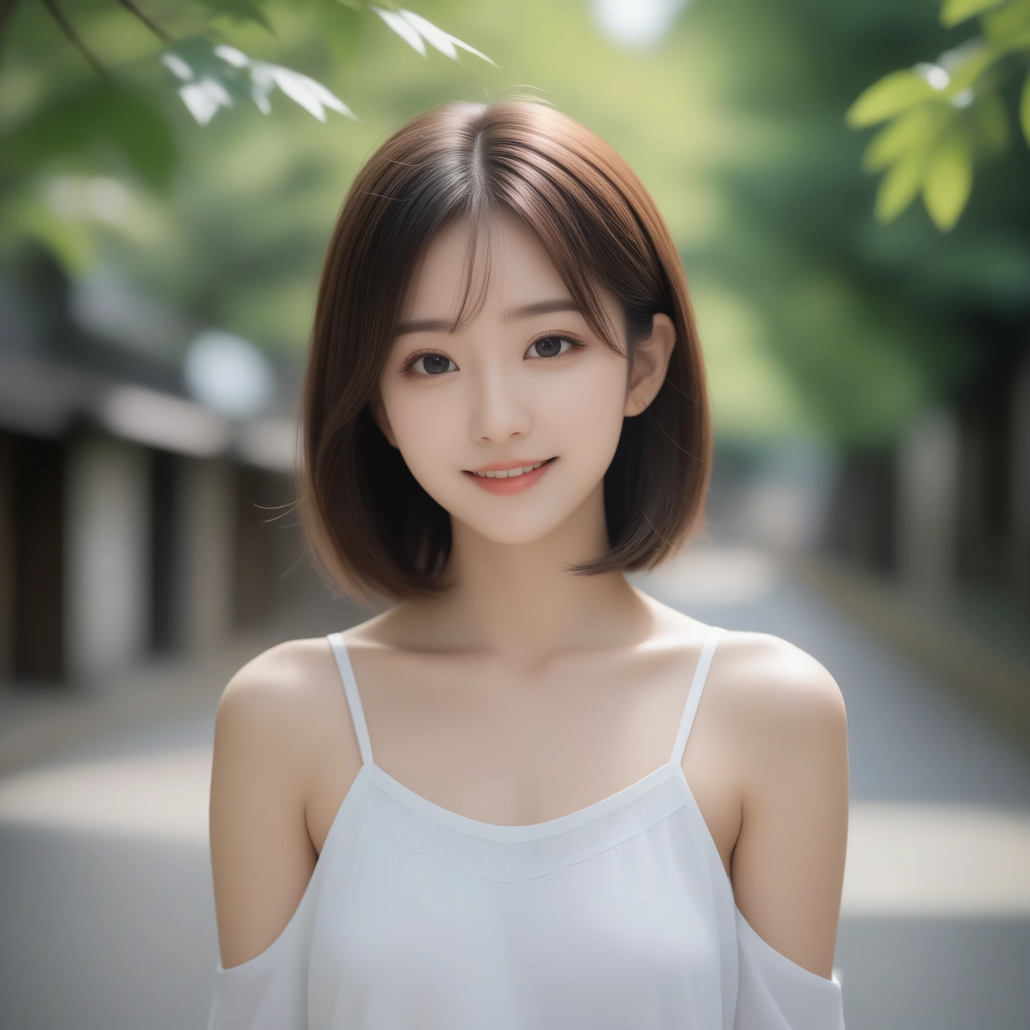 8k, Ultra-high resolution, Highest quality, masterpiece, 三分割法によるphotograph,Surreal, photograph, 1 girl, (:1.3), pretty girl, Cute face, Beautiful eyes in every detail, 細かくdetailedに,masterpiece,, One Girl:1.2, Japan Female Announcer,whole body,Young Wife,Urban area,street tree,Mini length dress,Full of cleanliness,A carefree smile,Healing the heart,Short Bob,Looking at the audience、beauty,Long neck、Laugh a little、Please close your mouth and laugh、(((Ideal body type))),A-cup small breasts :2,、Portraiture:2、Perfect Anatomy、鮮明なdetailed、detailed、Surreal、Light and shadow,Strong light