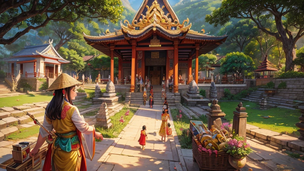painting of a village with people walking down a path, bali, traditional art, by I Ketut Soki, inspired by I Ketut Soki, in a temple, vietnamese temple scene, beautiful depiction, temple fair, temple background, thailand art, very detailed painting, traditional painting, very detailed oil painting, incredible painting, by Sasha Putrya