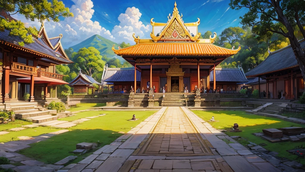 painting of a village with people walking down a path, bali, traditional art, by I Ketut Soki, inspired by I Ketut Soki, in a temple, vietnamese temple scene, beautiful depiction, temple fair, temple background, thailand art, very detailed painting, traditional painting, very detailed oil painting, incredible painting, by Sasha Putrya