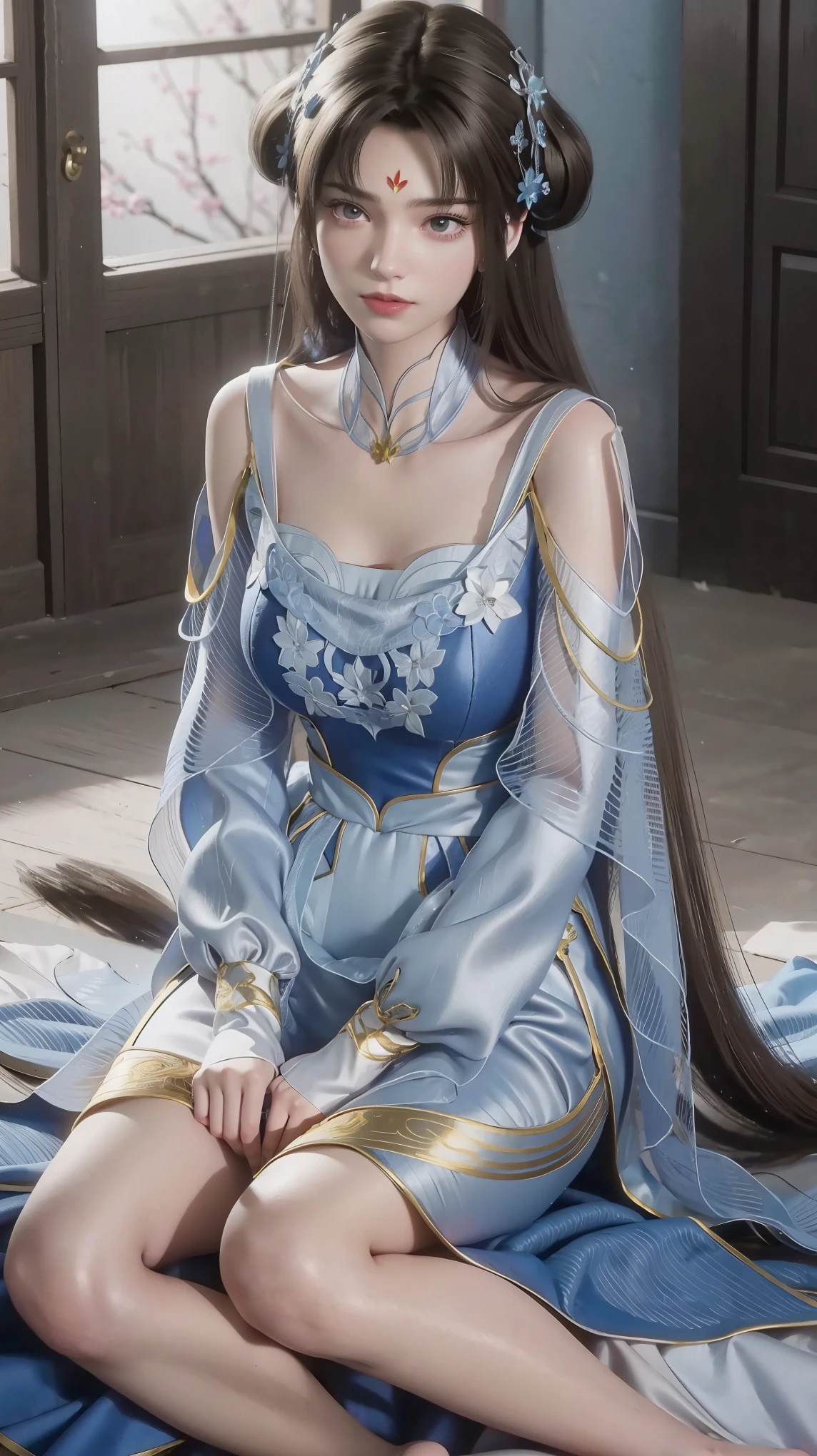 a beautiful young woman with long hair, wearing a nightgown, sitting on a bed, barefoot, in a dress, lying on her side, cross-legged, full body shot, (best quality,4k,8k,highres,masterpiece:1.2),ultra-detailed,(realistic,photorealistic,photo-realistic:1.37),beautiful detailed eyes,beautiful detailed lips,extremely detailed eyes and face,longeyelashes,natural lighting,warm tones,soft focus,portraits,chiaroscuro,depth of field