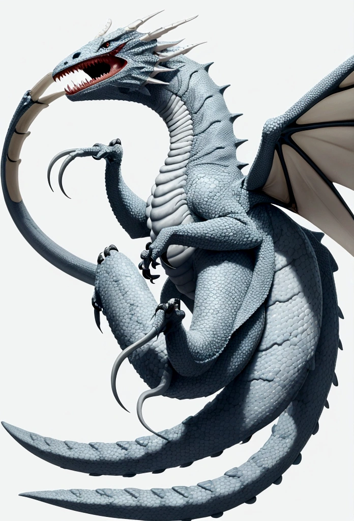 A depiction of the smallest known large wyvern species, typically not exceeding 10 meters in length. The creature is covered in white, slimy, and flabby skin, lacking hard scales or armor. Due to its long life in dark environments, its eyes have degenerated and are closed, rendering it blind. When viewed head-on with its mouth closed, it appears as if it has no face, earning it the moniker "White Void." While it possesses the ability to fly using its wings, it rarely does so, preferring to cling to cave ceilings with its specialized, suction cup-like claws and tail.