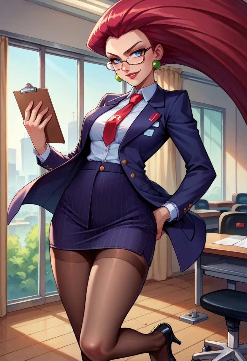 score_9,score_8_up,score_7_up,score_6_up, source_anime, 1girl, solo, (((EPpkJessie))), long hair, blue eyes, glasses, red hair, hair slicked back, pinstripe skirt suit, suit and tie, (((three-piece suit))), silk dress shirt, shirt and tie, necktie, ((blazer)), ((suit jacket)) ((waistcoat)), ((bodycon miniskirt)), stockings, high heels, tie clip, pocket square, tailored suit, (((cufflinks))),
office, holding clipboard, smug, confident, arrogant