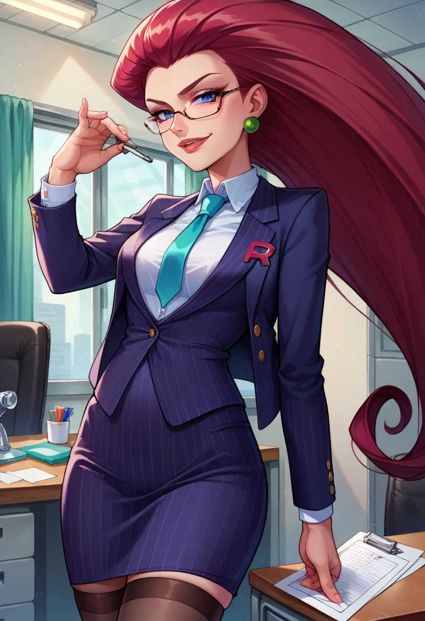 score_9,score_8_up,score_7_up,score_6_up, source_anime, 1girl, solo, (((EPpkJessie))), long hair, blue eyes, glasses, red hair, hair slicked back, pinstripe skirt suit, suit and tie, (((three-piece suit))), silk dress shirt, shirt and tie, necktie, ((blazer)), ((suit jacket)) ((waistcoat)), ((bodycon miniskirt)), stockings, high heels, tie clip, pocket square, tailored suit, (((cufflinks))),
office, holding clipboard, smug, confident, arrogant