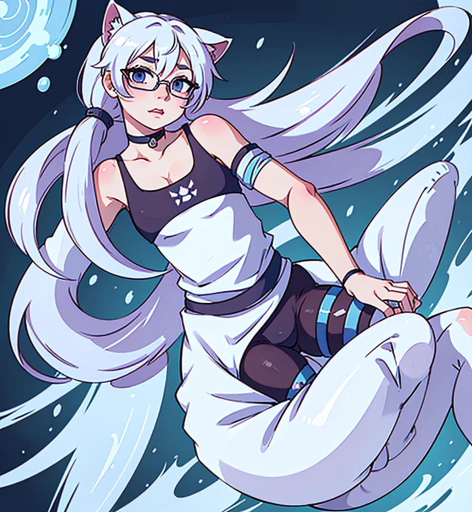 anime character - boy, an anime drawing by Kamisaka Sekka, pixiv, auto-destructive art, gyro zeppeli, catboy, arms wrapped in bandages, wearing glasses, white longer hair with ponytail, ((cat ears)), casual clothing, feminine features, gentle smile, cute face, kind features, solo, blue eyes, full lips