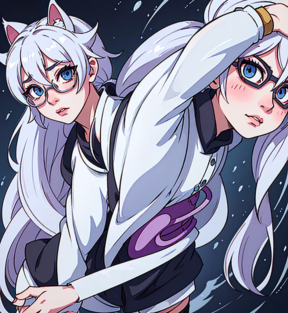 anime character - boy, an anime drawing by Kamisaka Sekka, pixiv, auto-destructive art, gyro zeppeli, catboy, arms wrapped in bandages, wearing glasses, white longer hair with ponytail, ((cat ears)), casual clothing, feminine features, gentle smile, cute face, kind features, solo, blue eyes, full lips