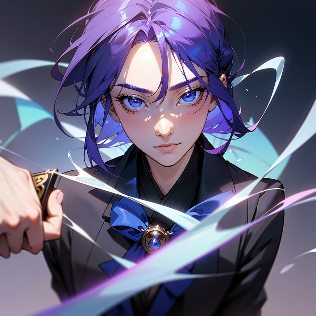 A young man with purple hair, blue eyes, and a blue aura, holding an ancient tome, dressed in a fancy royal suit from the Taisho period, (best quality,4k,8k,highres,masterpiece:1.2),ultra-detailed,(realistic,photorealistic,photo-realistic:1.37),1boy,detailed face,beautiful detailed eyes,beautiful detailed lips,extremely detailed eyes and face,longeyelashes,royal,fancy suit,tome,blue aura,blue eyes,purple hair,taisho period,magic