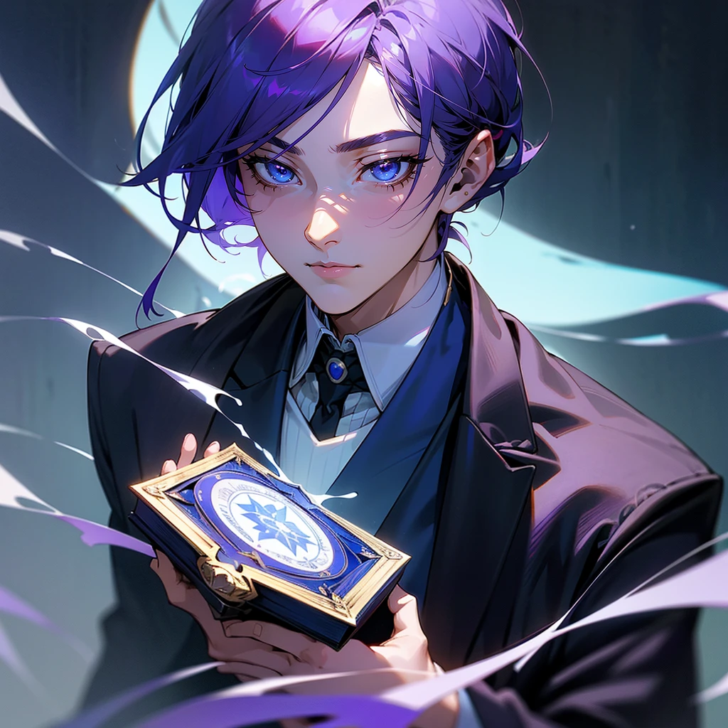 A young man with purple hair, blue eyes, and a blue aura, holding an ancient tome, dressed in a fancy royal suit from the Taisho period, (best quality,4k,8k,highres,masterpiece:1.2),ultra-detailed,(realistic,photorealistic,photo-realistic:1.37),1boy,detailed face,beautiful detailed eyes,beautiful detailed lips,extremely detailed eyes and face,longeyelashes,royal,fancy suit,tome,blue aura,blue eyes,purple hair,taisho period,magic