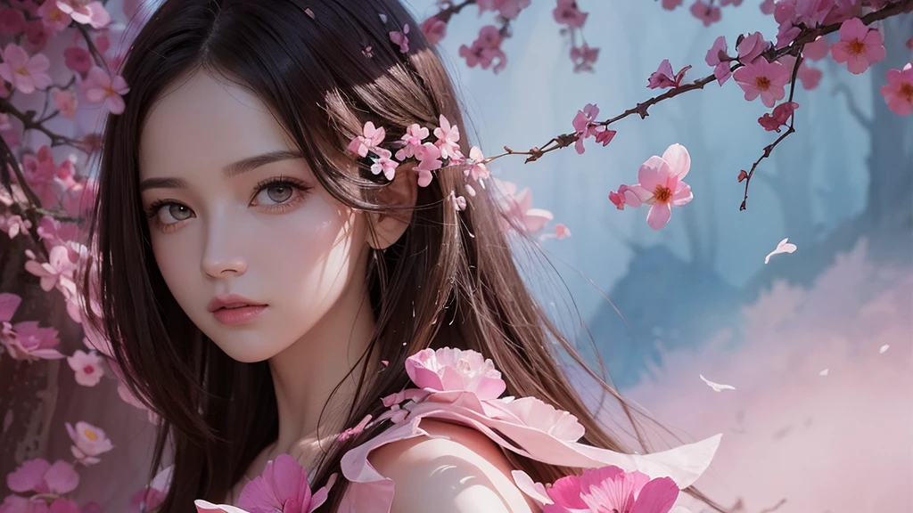 32k, Masterpiece, Highest quality, One girl, Detailed eyes, flower,Sandersonia, Pink and brown style,A dreamy, romantic piece,Pale pink, Mysterious Leaves,A playful arrangement,Fantasy,High Contrast,Ink strokes,explosion,Exposure, Impression of pink and brown tones,Abstract,((Watercolours by John Berkey and Jeremy Mann )) Brush strokes,Negative Space, Tyndall effect,