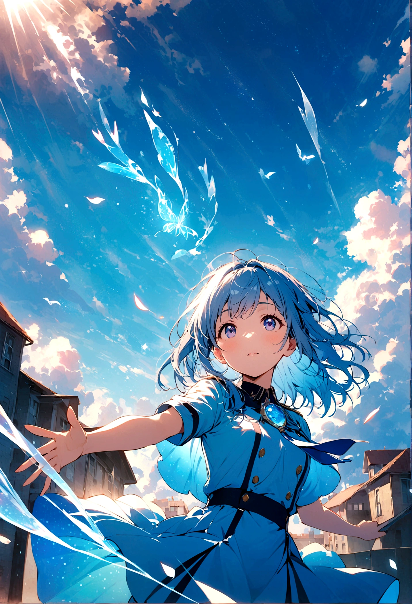 A high school girl looks up at the sky in the schoolyard and dreams of the future。Hair is fluttering in the wind。Blue summer sky。In uniform。