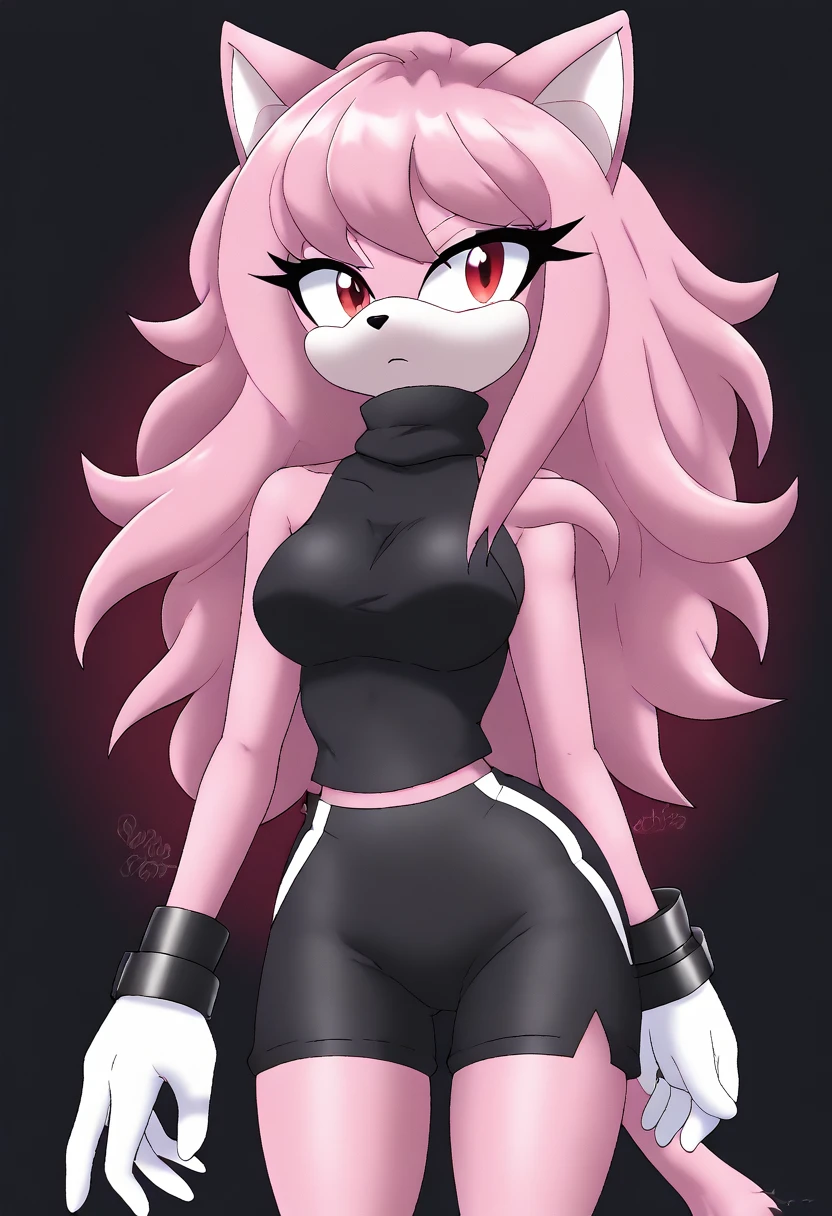 (1girl), (solo), Female Cat, pink fur, blonde hair, long hair, lower back length hair, large hair bangs, (side locks/quills over shoulders), red eyes, (medium breasts), (black sleeveless top), turtleneck, ((black yoga shorts)), white gloves with black cuffs, eyelashes, tough expression, daytime, mobian, mobius city
