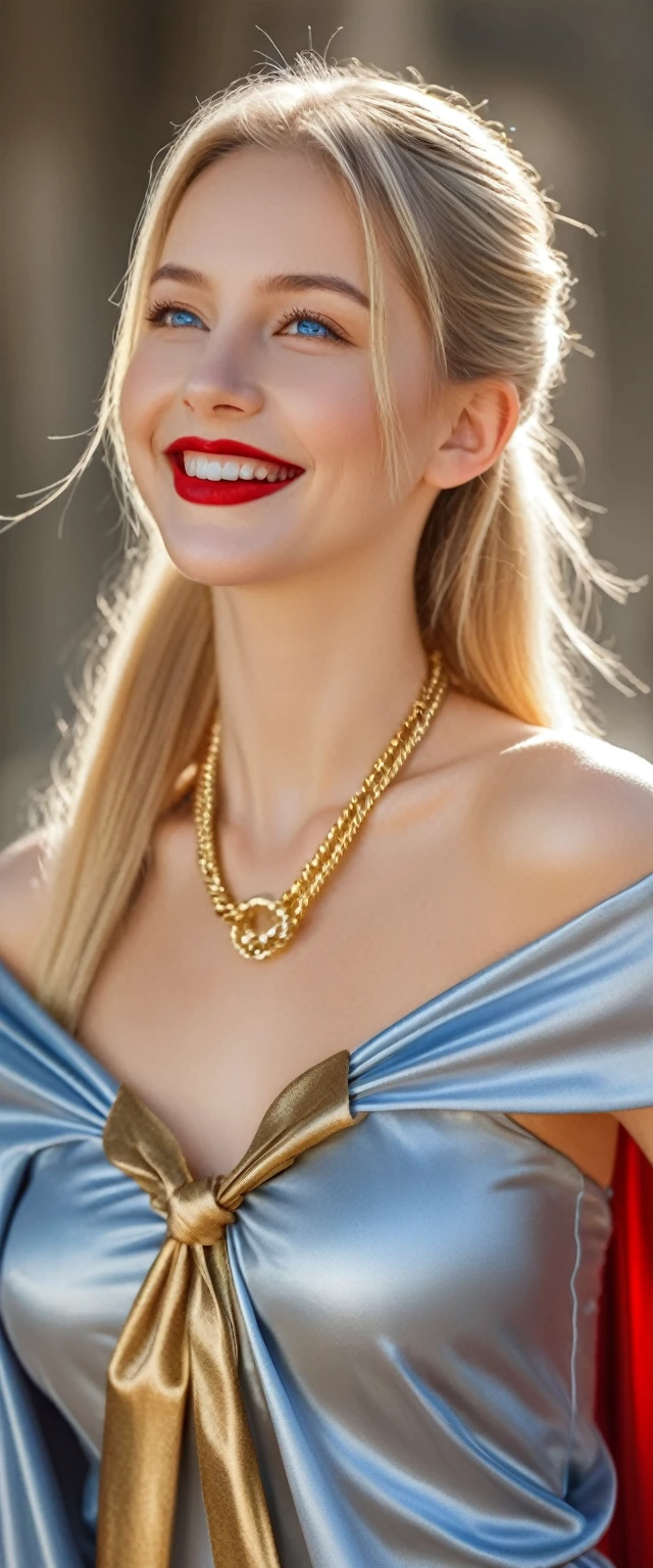 breathtakingly beautiful smiling girl , long blonde hair in ponytail , blue eyes , red lips , naked ,(((long shiny silver and gold lined cape tied at neck:1.20 )))+++ , full body , 8K , insane details, lifelike, elegant , DSLR ,HDR , film grain