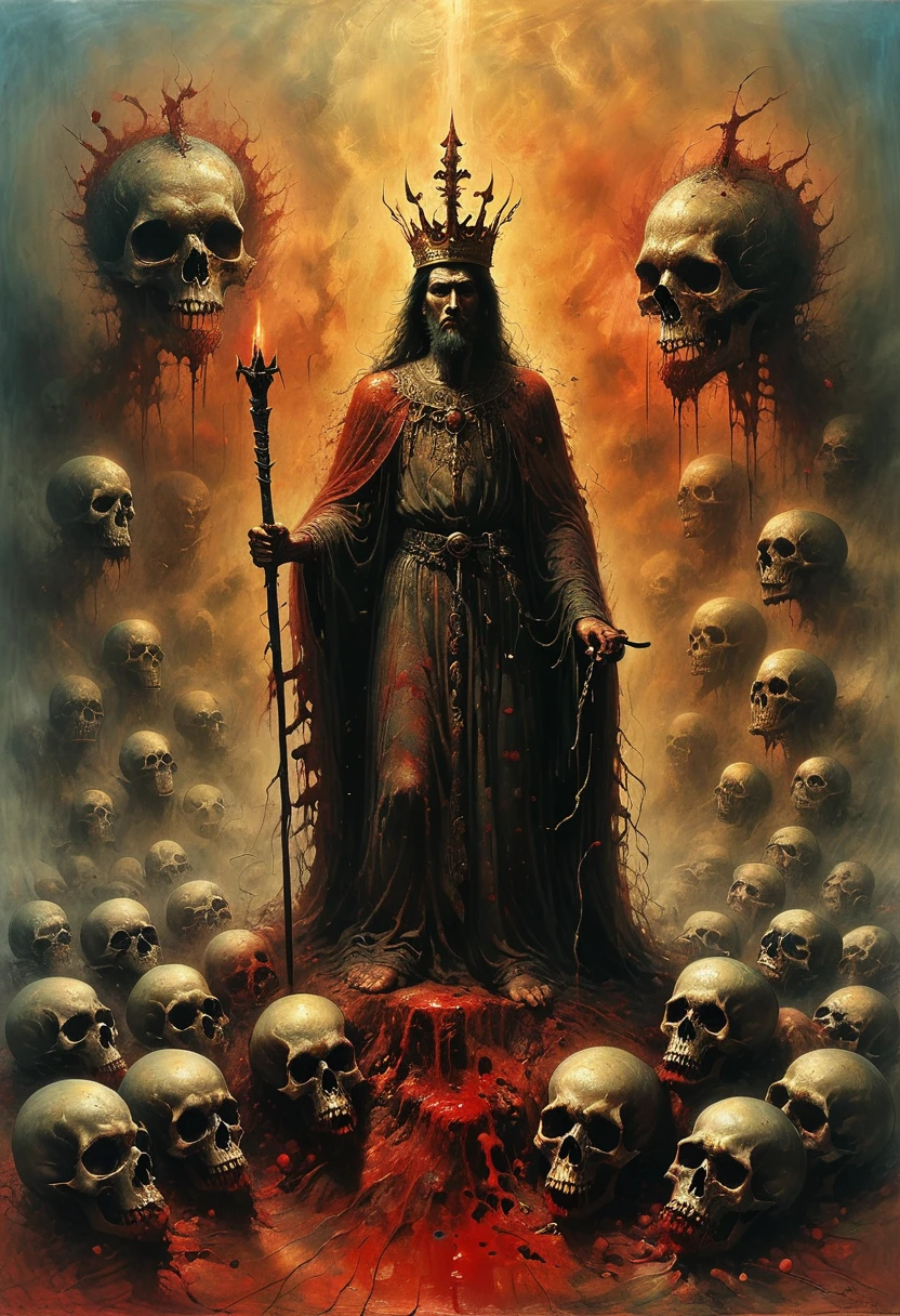 A painting，A victorious king holding a scepter standing on a pile of skulls, Disturbing, crawl, gloomy, rotten, Blood rushes like a river，High saturation by zdzislaw beksinski