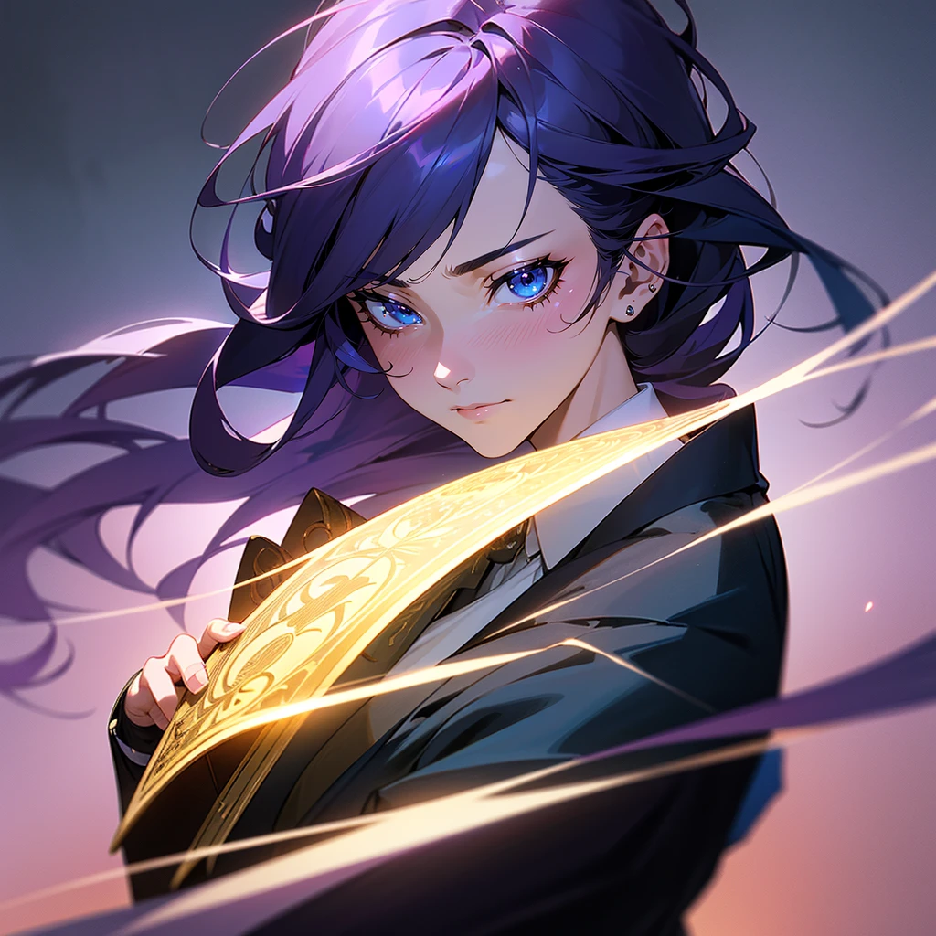 a detailed portrait of a young man with purple hair, holding a magic tome, surrounded by a blue aura, with piercing blue eyes, dressed in a fancy suit, set in the Taisho period, with a royal and majestic presence, (best quality,4k,8k,highres,masterpiece:1.2),ultra-detailed,(realistic,photorealistic,photo-realistic:1.37),intricate details,hyper-realistic,cinematic lighting,ornate,exquisite,dramatic,elegant,sophisticated,noble,regal