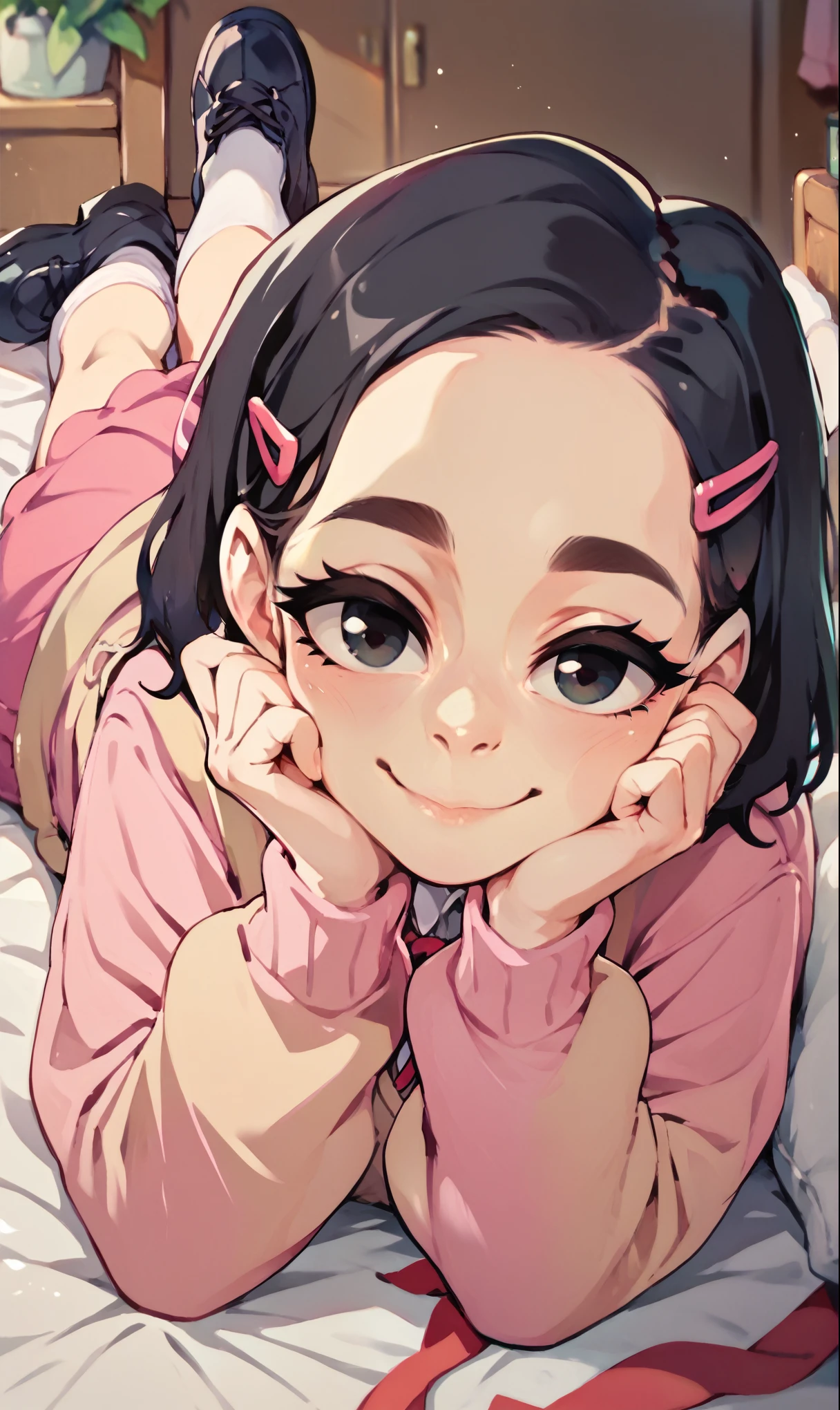 (score_9, score_8_up), score_7_up, score_6_up, score_5_up, score_4_up, Zenko, 1girl, black hair, hair ornament, hairclip, black eyes, short hair, beige cardigan, cardigan, pink dress, red ribbon, lying on bed, on stomach, elbow rest, hands on chin, looking away, gentle smile, white socks, black footwear, legs up, cheeks, pout, indoors, bedroom, close-up xaxaxa