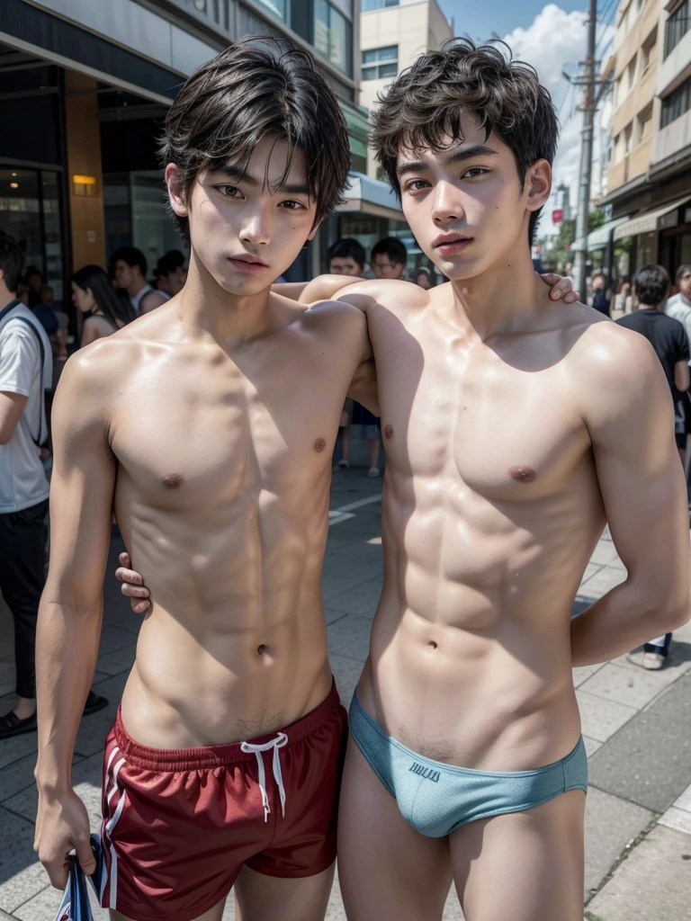 19 year old boy who looks younger, with nothing but swimsuit underwear 🩲 on the street