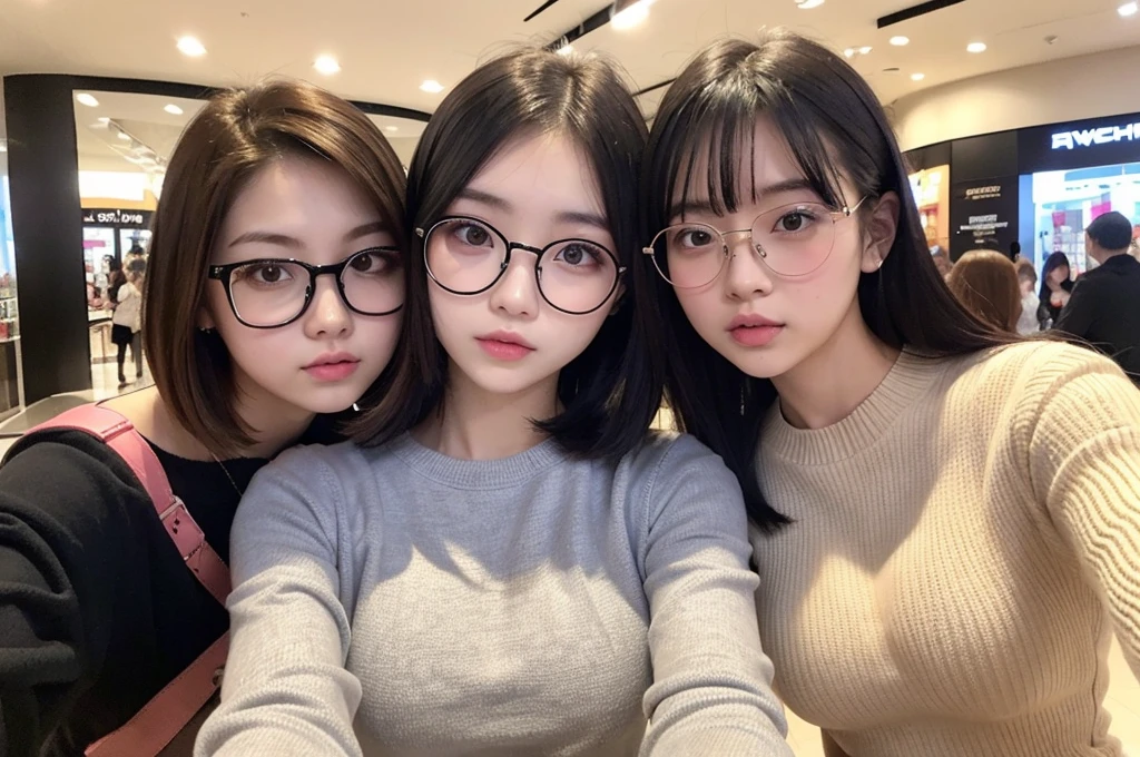 Indonesian girl 17-year-old  Hairstyle Casual, F Cup Breasts  wearing  crewneck dress  and selfie with her friend which use glasses at mall