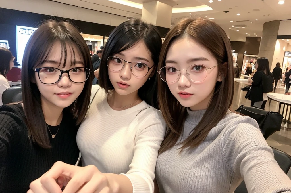 Indonesian girl 17-year-old  Hairstyle Casual, F Cup Breasts  wearing  crewneck dress  and selfie with her friend which use glasses at mall