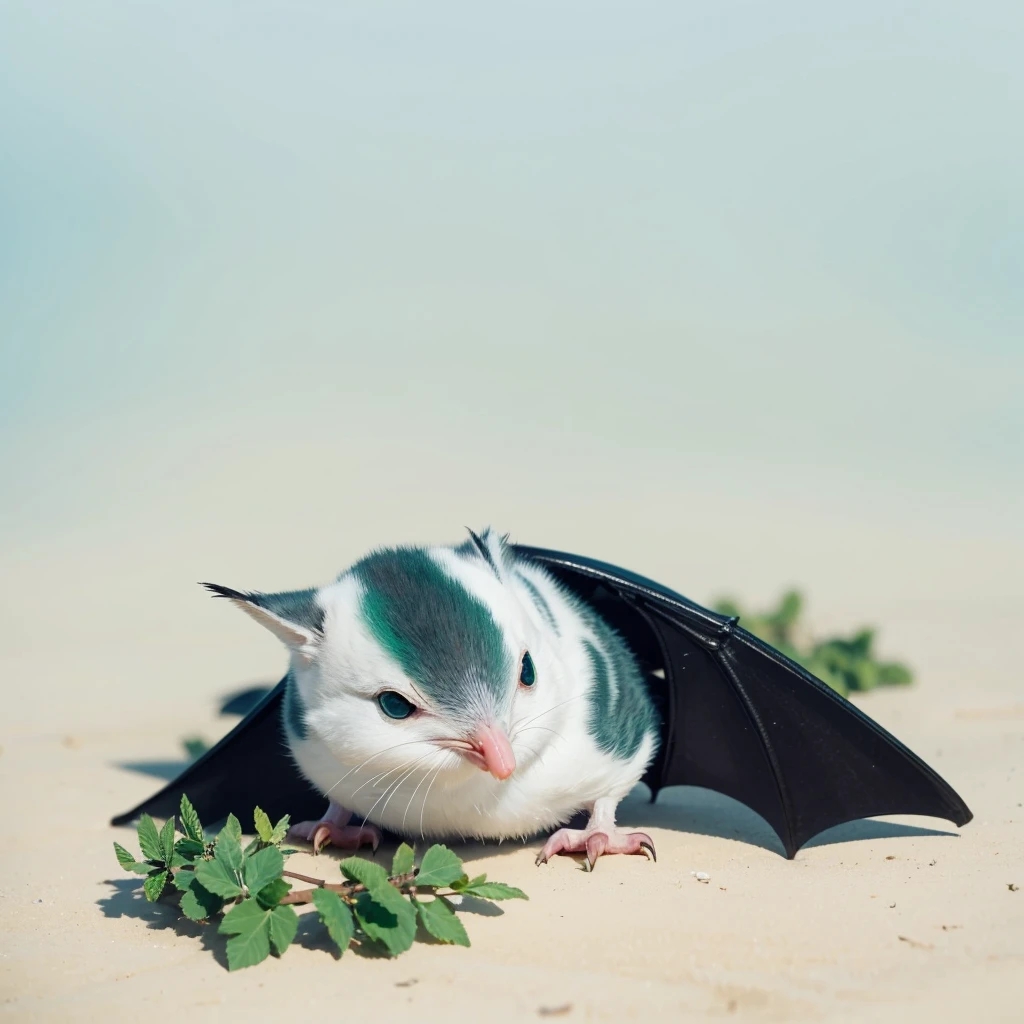 Small Animaly, has green stripes on his skin, blue eyes, seagull mixed with bat, Grassroots, no background