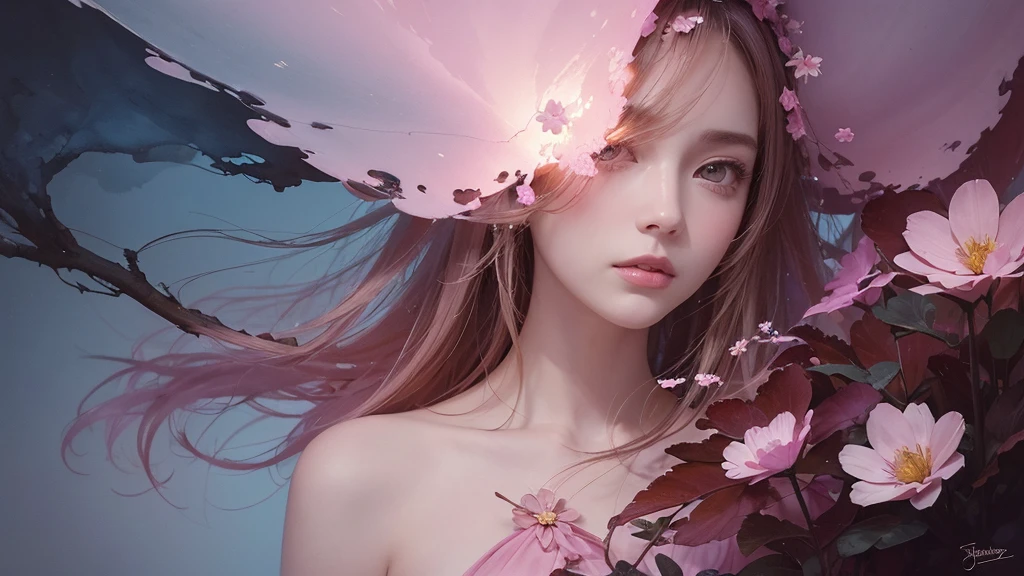 32k, Masterpiece, Highest quality, One girl, Detailed eyes, flower,Sandersonia, Pink and brown style,A dreamy, romantic piece,Pale pink, Mysterious Leaves,A playful arrangement,Fantasy,High Contrast,Ink strokes,explosion,Exposure, Impression of pink and brown tones,Abstract,((Watercolours by John Berkey and Jeremy Mann )) Brush strokes,Negative Space, Tyndall effect,