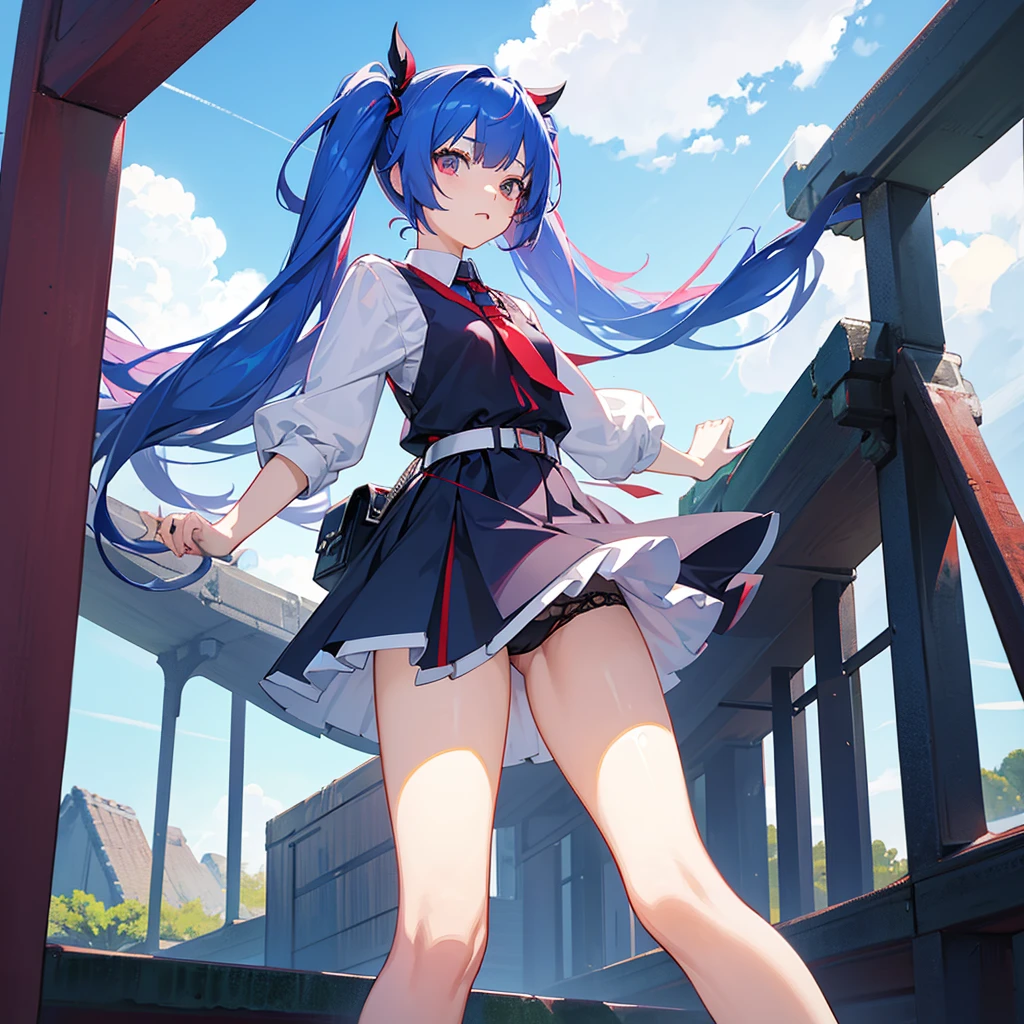 Anime, girl in a short miniskirt, panties visible, red-blue hair, Twin Tail, in a beautiful area, views from below. 3D