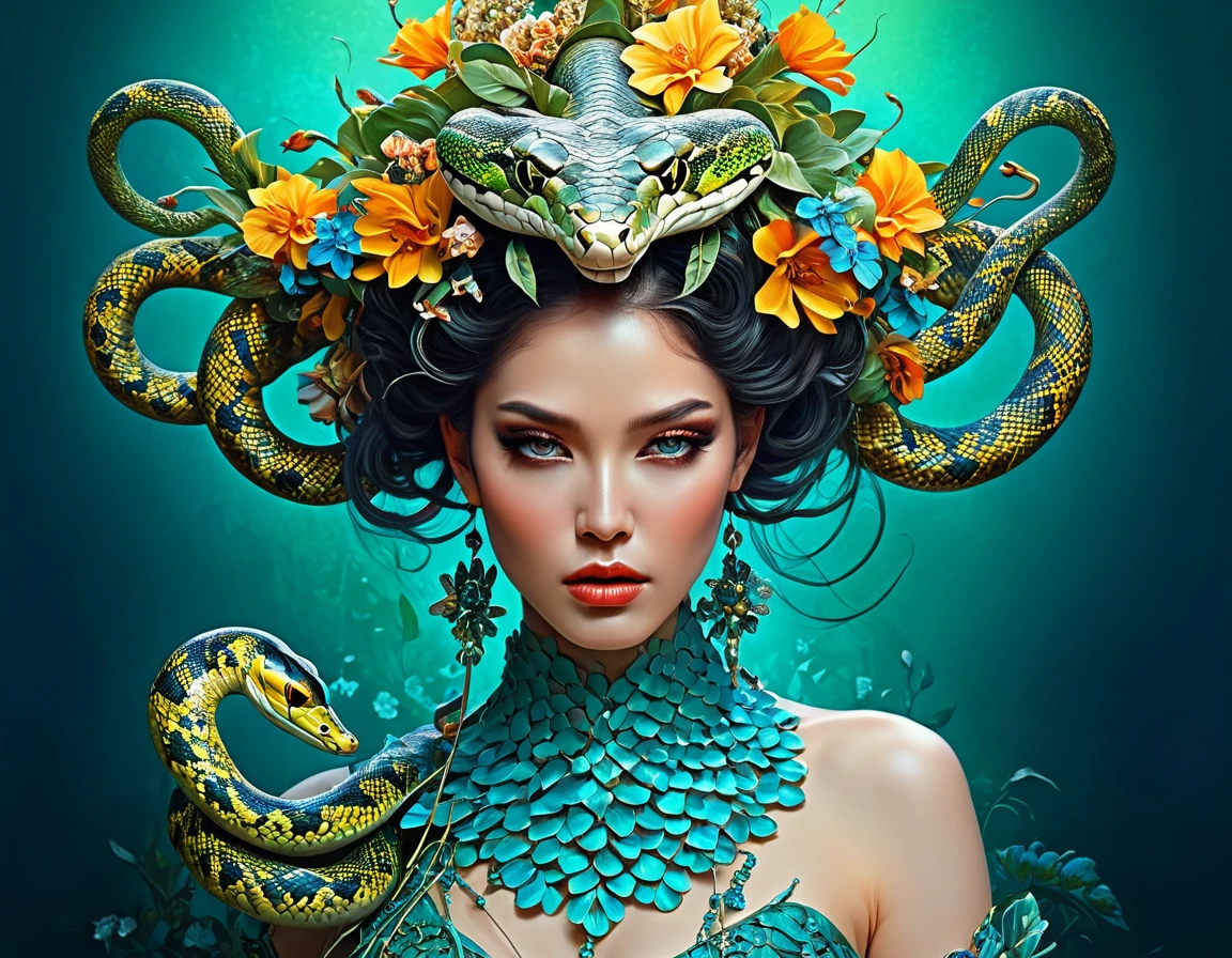 there is a woman with a snake head and flowers on her head, karol bak uhd, beautiful digital artwork, goddess. extremely high detail, surreal and fantasy art, natalie shau, karol bak and peter mohrbacher, flower goddess, hyperdetailed fantasy character, beautiful fantasy art portrait, amano and karol bak, hyperrealistic fantasy art
