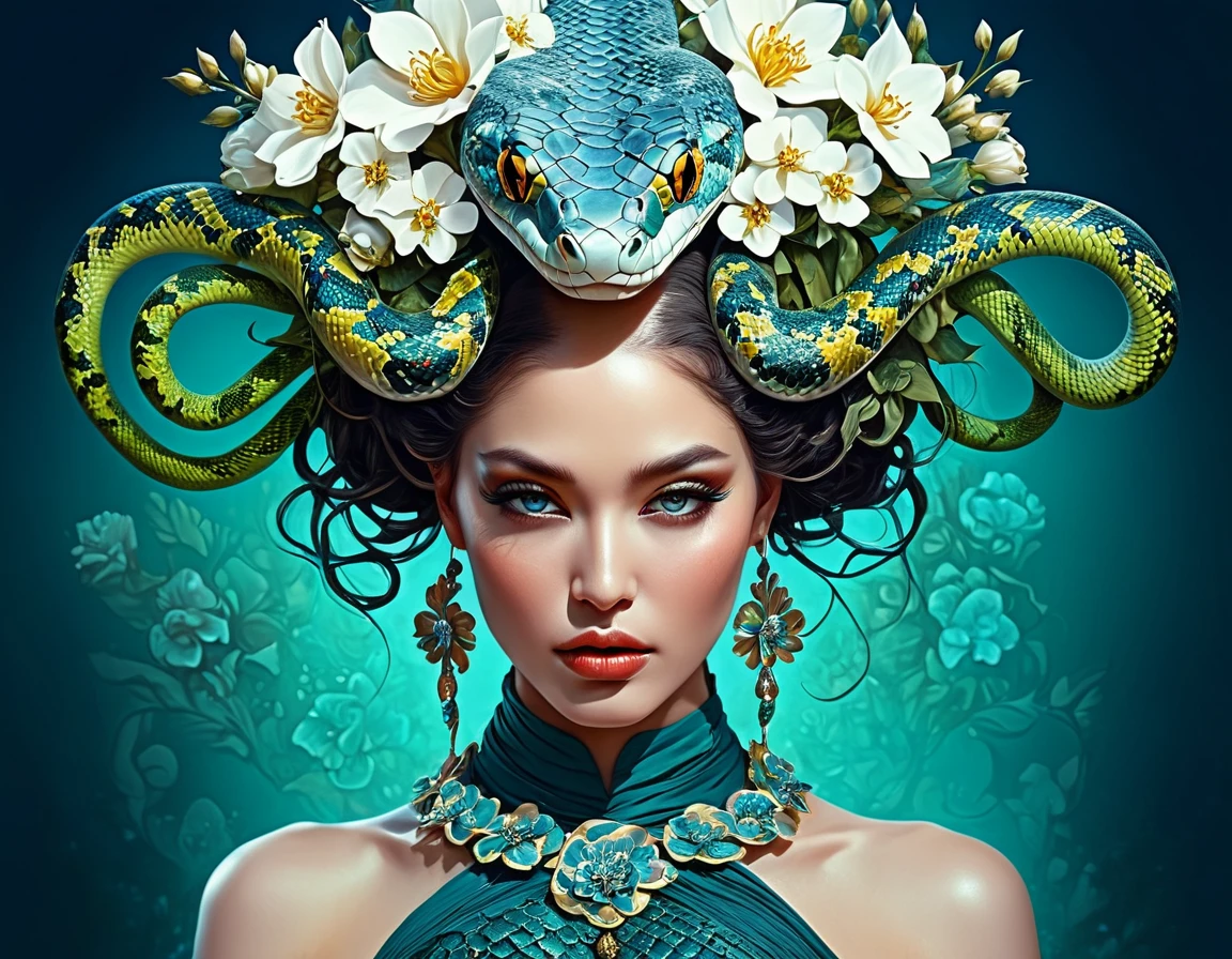 there is a woman with a snake head and flowers on her head, karol bak uhd, beautiful digital artwork, goddess. extremely high detail, surreal and fantasy art, natalie shau, karol bak and peter mohrbacher, flower goddess, hyperdetailed fantasy character, beautiful fantasy art portrait, amano and karol bak, hyperrealistic fantasy art