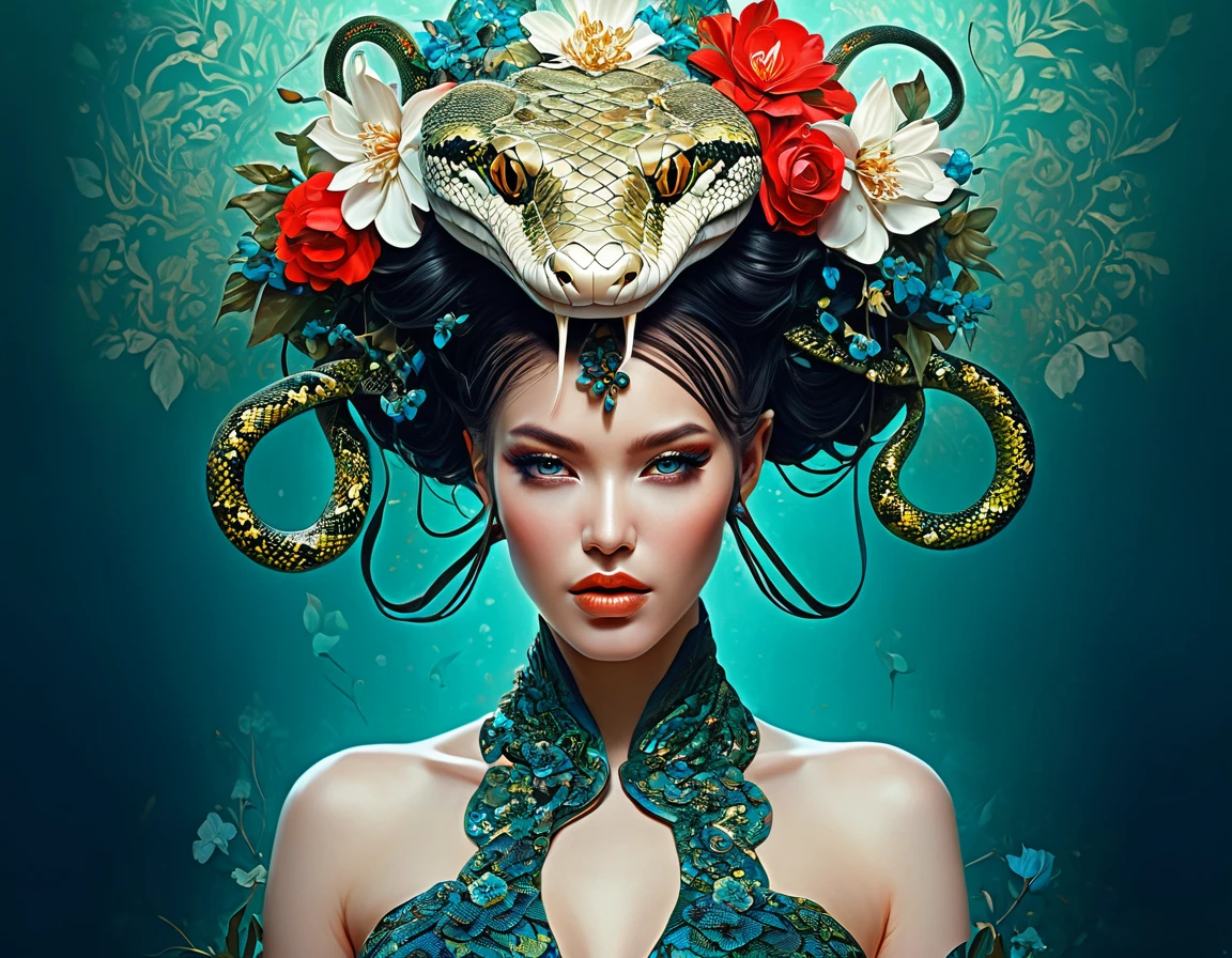 there is a woman with a snake head and flowers on her head, karol bak uhd, beautiful digital artwork, goddess. extremely high detail, surreal and fantasy art, natalie shau, karol bak and peter mohrbacher, flower goddess, hyperdetailed fantasy character, beautiful fantasy art portrait, amano and karol bak, hyperrealistic fantasy art