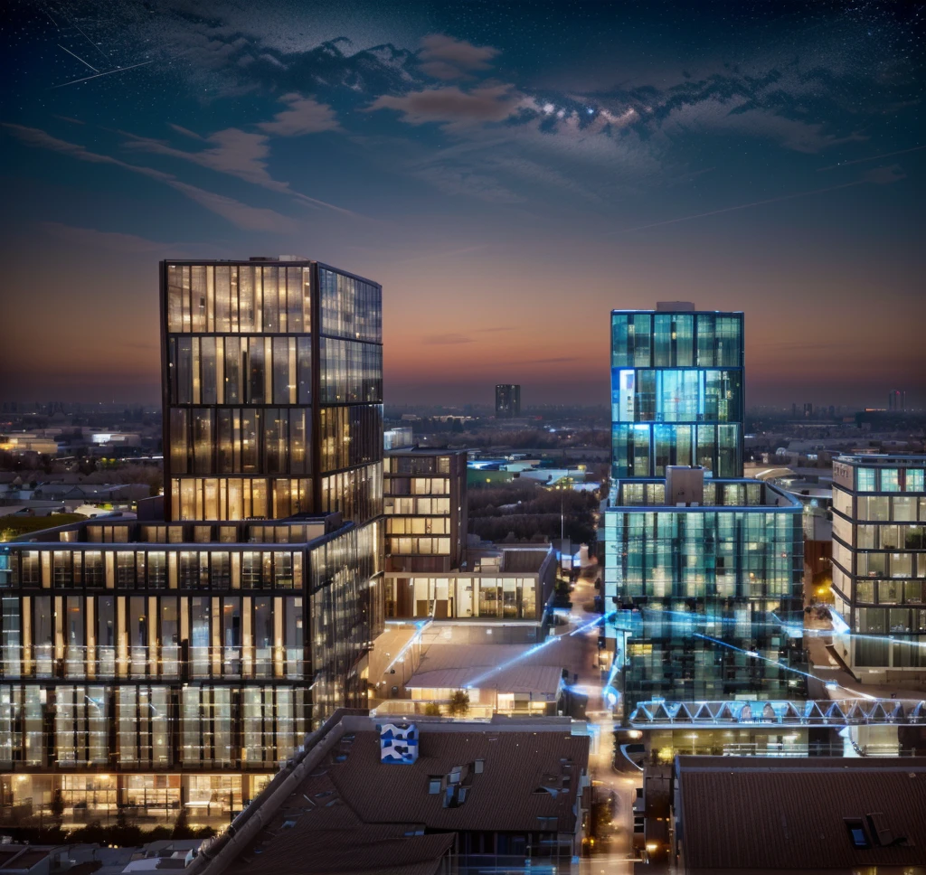 The sky is dotted with stars at night，City建筑, Wide field of view, High-rise office building, Office lighting, Vision, The above points, baotou china, Hybrid development, City, Lighting up distant buildings, High field of view, High-rise buildings，masterpiece，High Detail，HD resolution，8K