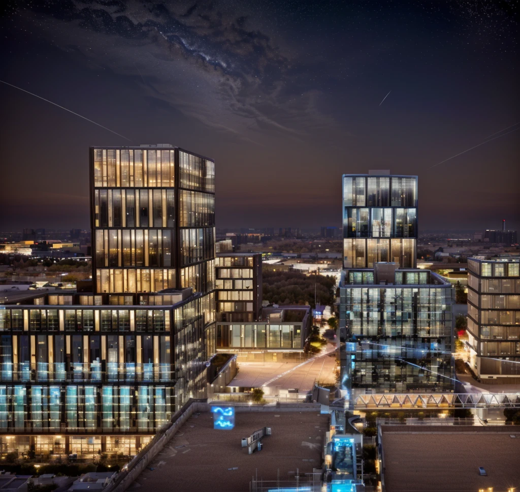 The sky is dotted with stars at night,City建筑, Wide field of view, High-rise office building, Office lighting, Vision, The above points, baotou china, Hybrid development, City, Lighting up distant buildings, High field of view, High-rise buildings,masterpiece,High Detail,HD resolution,8K