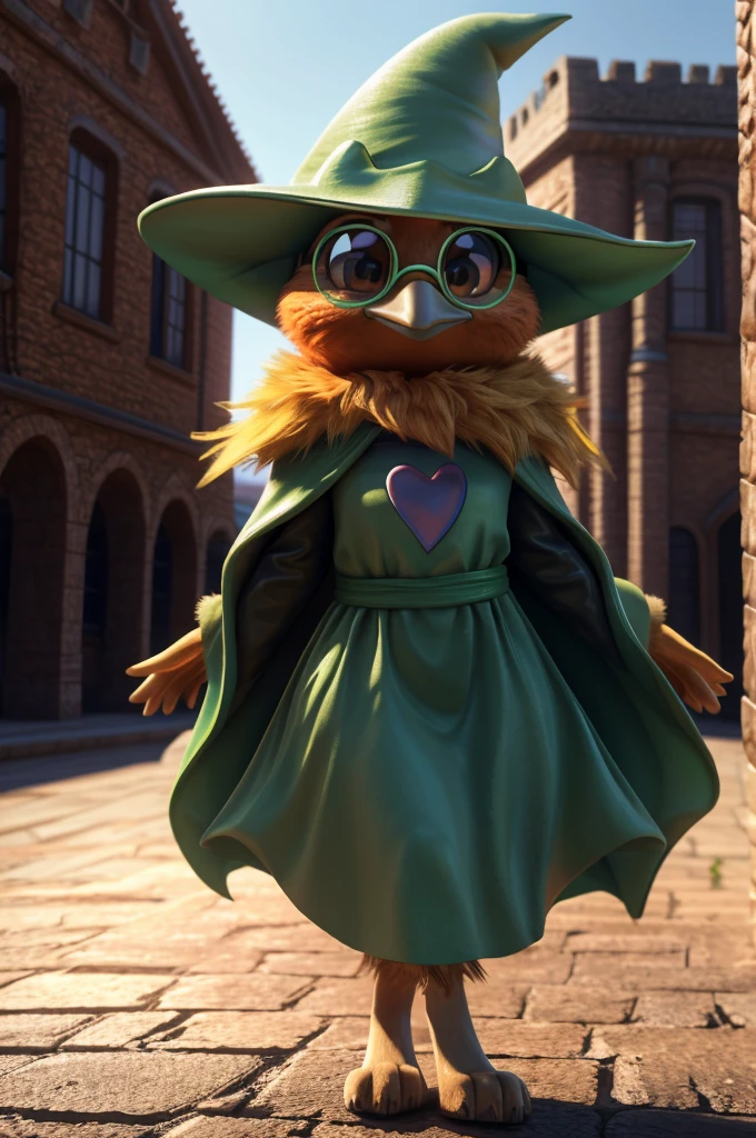 Female , bird, Torchic, background, (cinematic lighting:1.1), (perfect focus:1.1), 8k hd, (detailed eyes:1.2),depth of field, bokeh, subsurface scattering, perfect breasts, wide ,((wearing Ralsei Deltarune's clothing )),bright colors, (furry detail:1.3),detailed background, realistic, photorealistic, ultra realistic,(Castle Town),realistic, photorealistic ,smile cute,(fluffy:1.3), furry, buff, (realistic fur:1.1), (extreme fur detail:1.2),((light orange fur)),(Black pupil, brown eyes,pixar style eyes),Torchic tail,3d pixar legs, with pectorals,brighter colors, and a sexy body,posing 