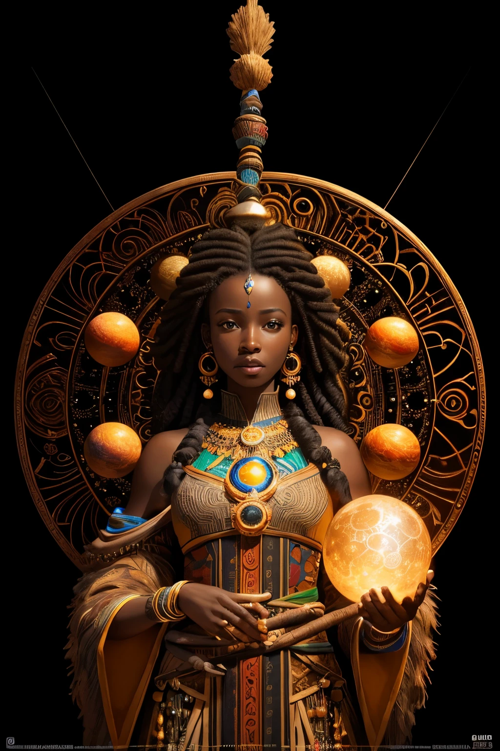 3D Masterpiece and Hyper-Realistic Art of an African Shaman Woman, elegantly adorned in an intricately designed dress crafted from hides and fur, gracefully holds a mystic staff. The captivating solar system and horoscopes brilliantly illuminate the backdrop, creating a mesmerizing and fantastical scene. The high definition imagery, displayed at a staggering 32k resolution in ultra HD, showcases the intricate details and clarity of each element. The captivating image, meticulously rendered with Octane 3D, continues to trend popularly on platforms such as ArtStation and CG Society 9. Furthermore, an upscale