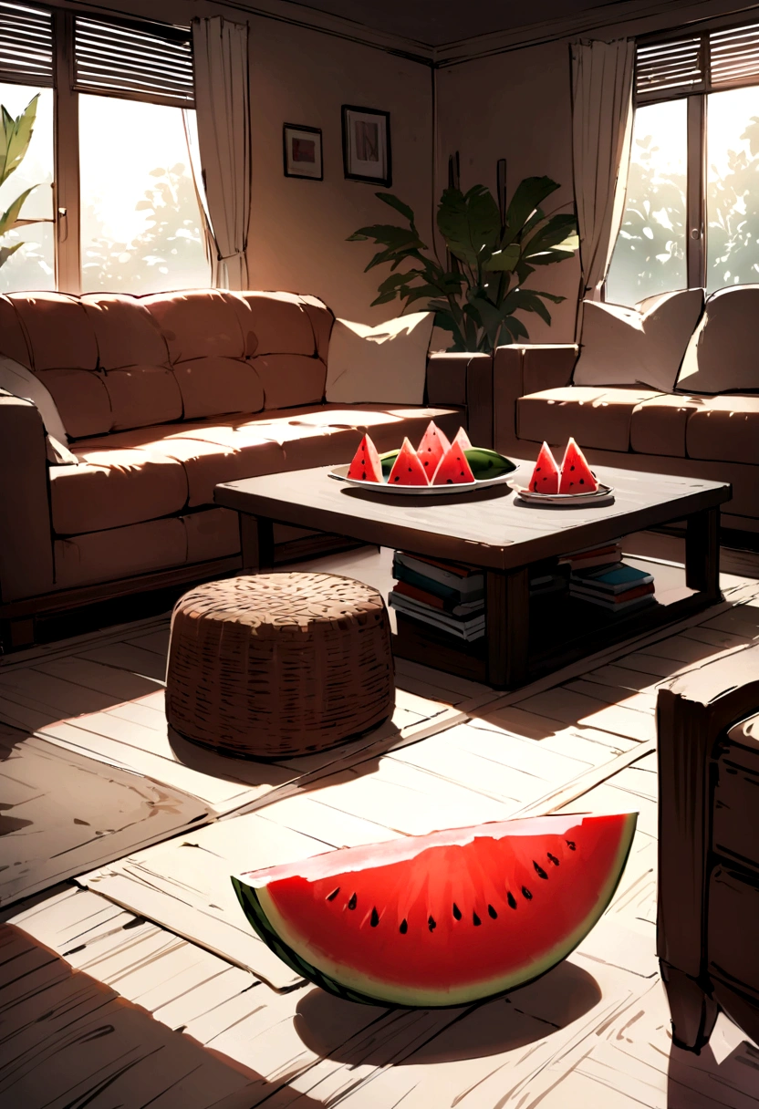 There is a living room with a sofa, a table, There is watermelon on the coffee table，Cut red watermelon
